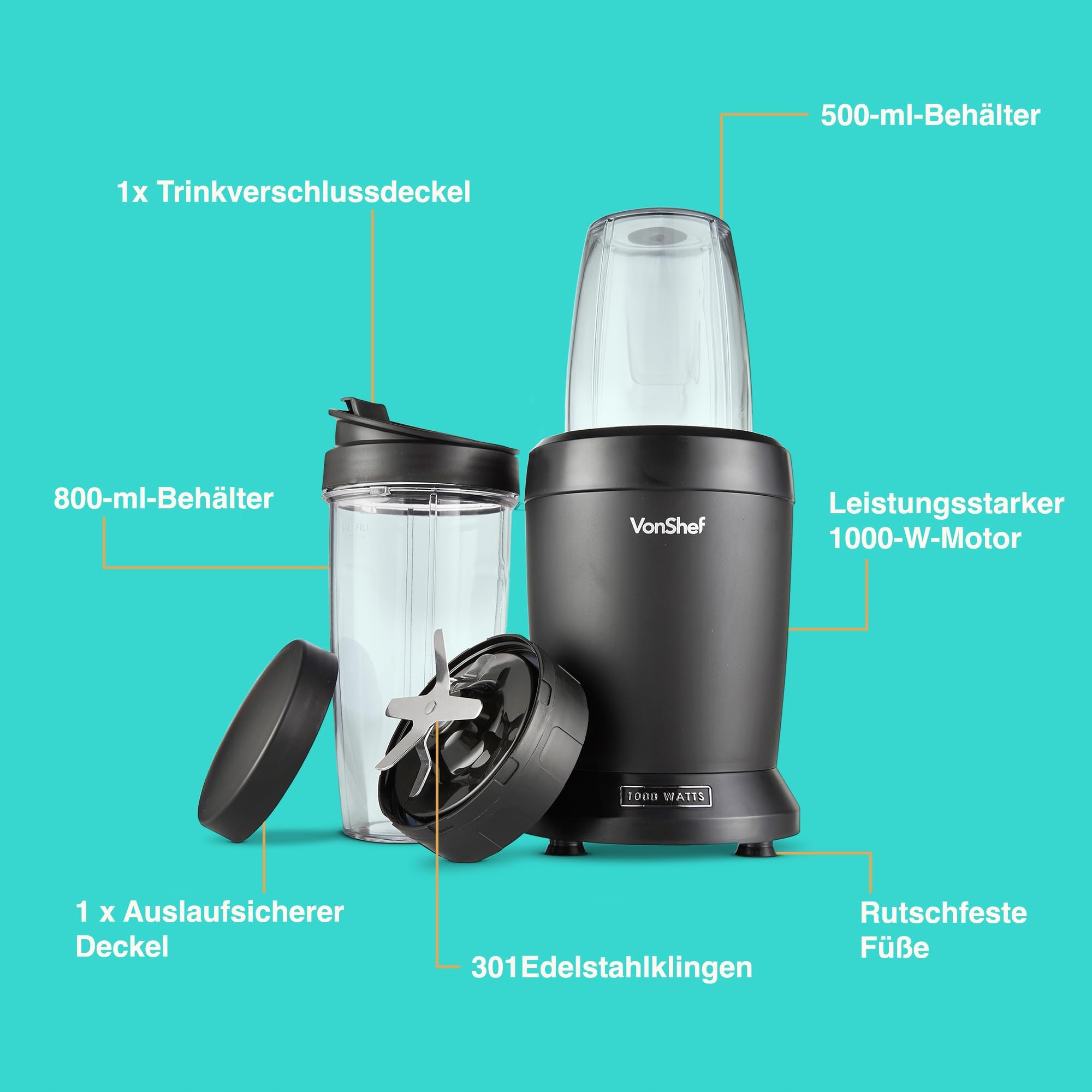VONSHEF Mikser Smoothie Maker Do Owoców Warzyw i Lodu 1000W 500ml 800ml — miniatura 3