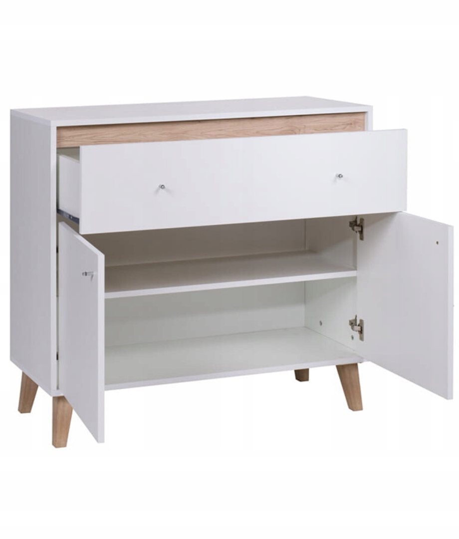 Skandynawska KOMODA OVIEDO z szufladą na nóżkach Kolor frontów biały