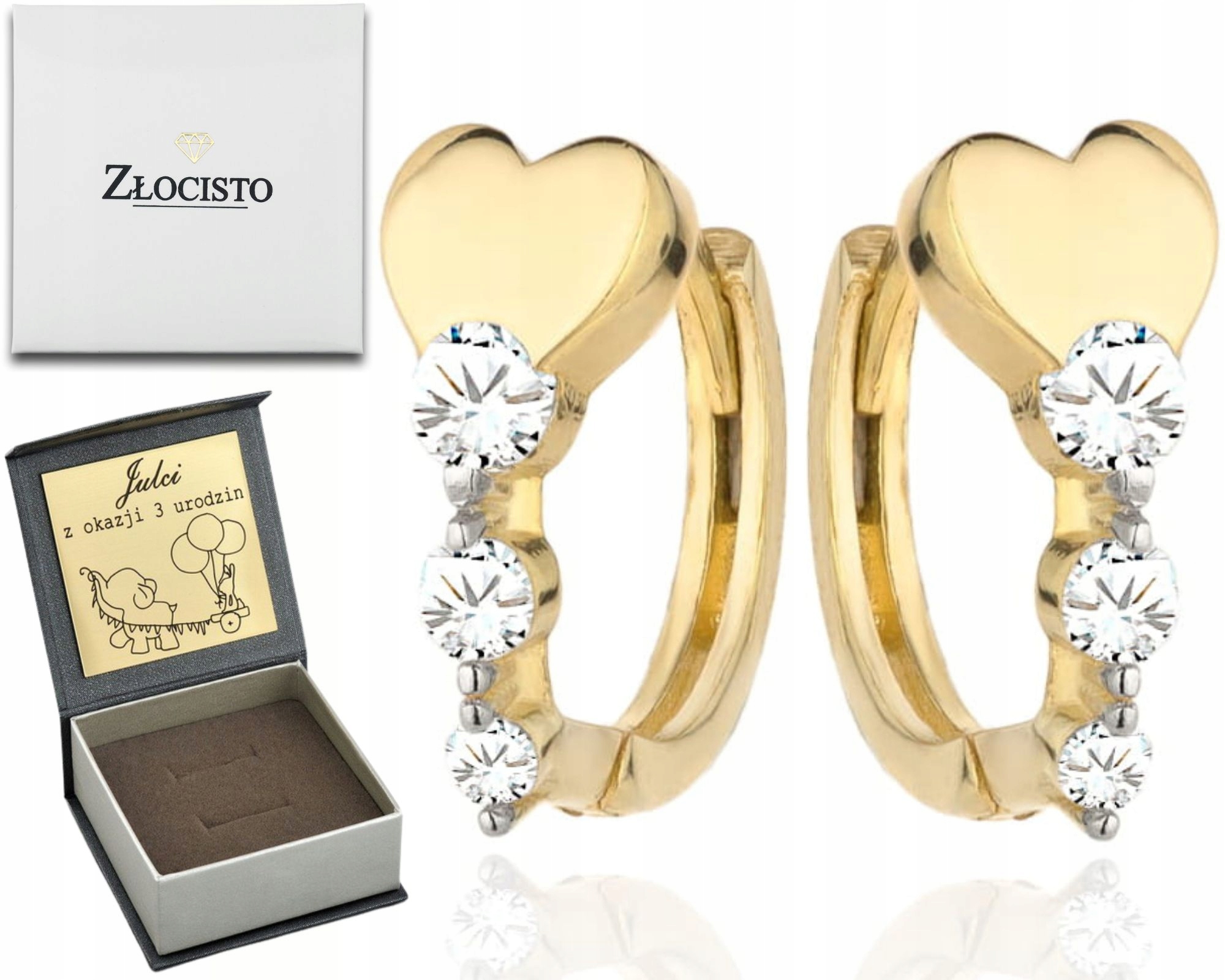 Zlaté Náušnice Anglické Zapínání Srdce A Řada Zirkonů 585 Gravírování Dárek