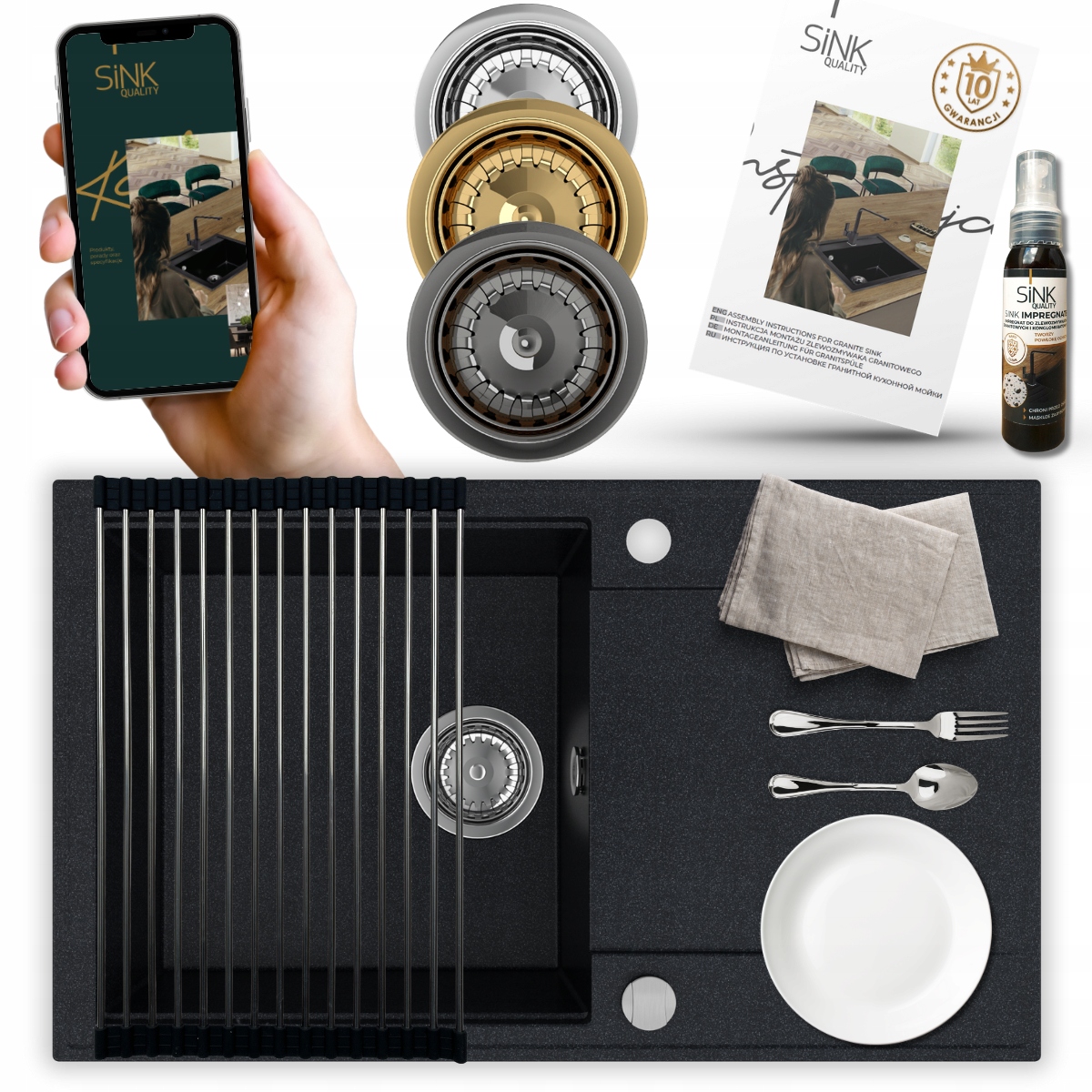 Granitový dřez Jednokomorový Odkapávač sifon Automat, odkapávač Bonus