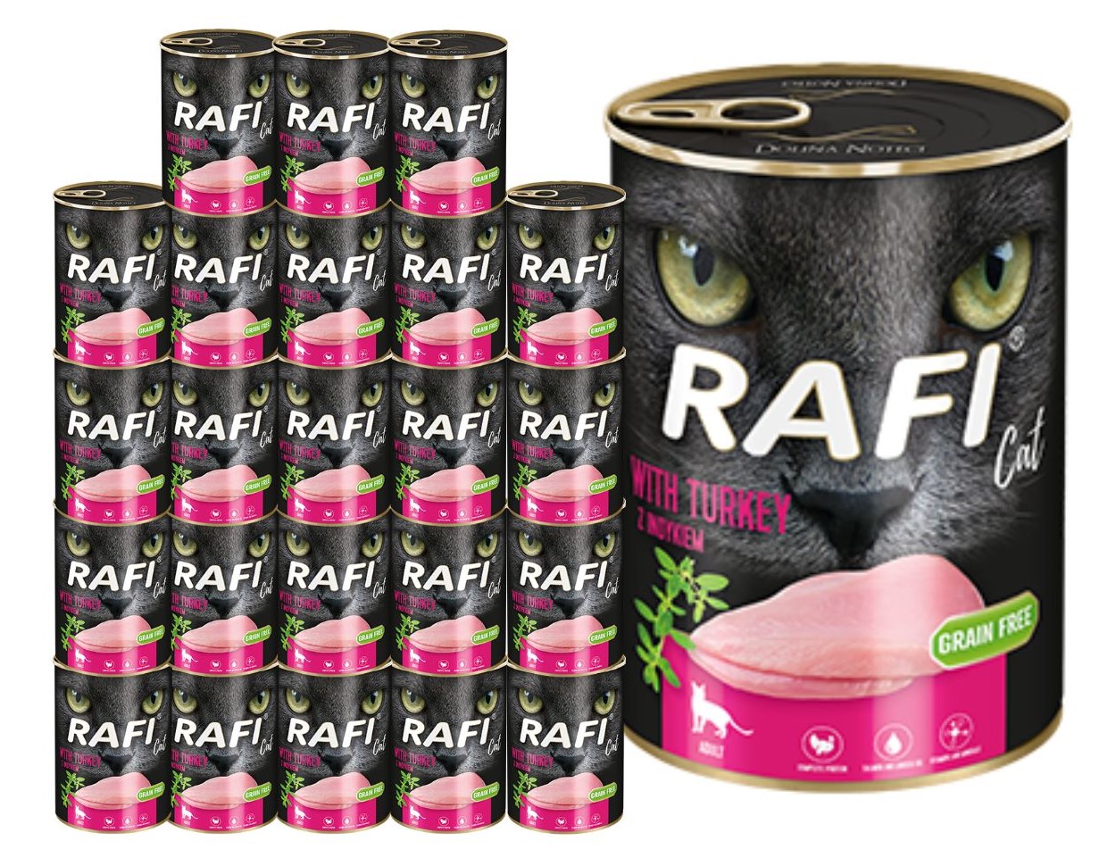 Levně Rafi Cat mokré krmivo pro kočky s krůtou 24x400g Bez Obilí Dolina Noteci