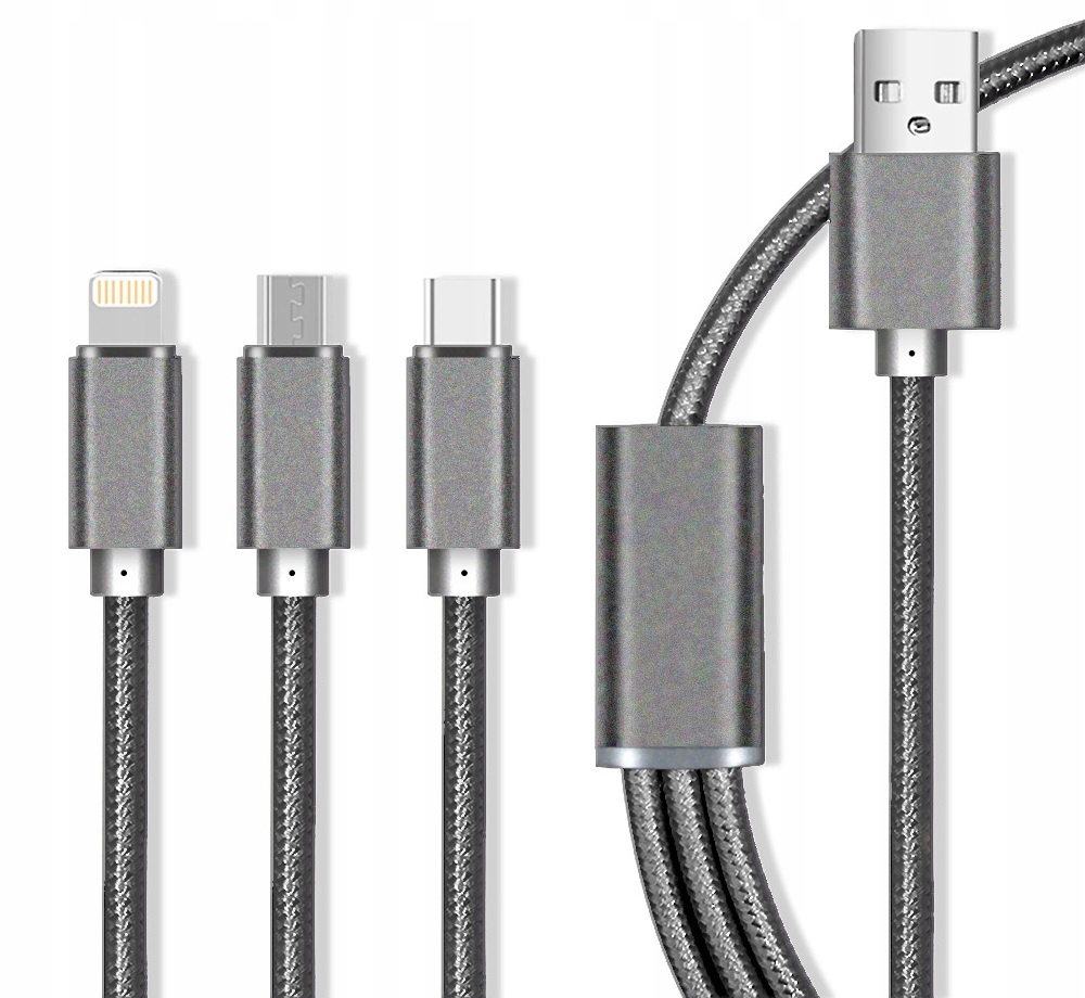 KÁBEL 3v1 MICRO USB/USB C/Lightning 2.1 A opletenie