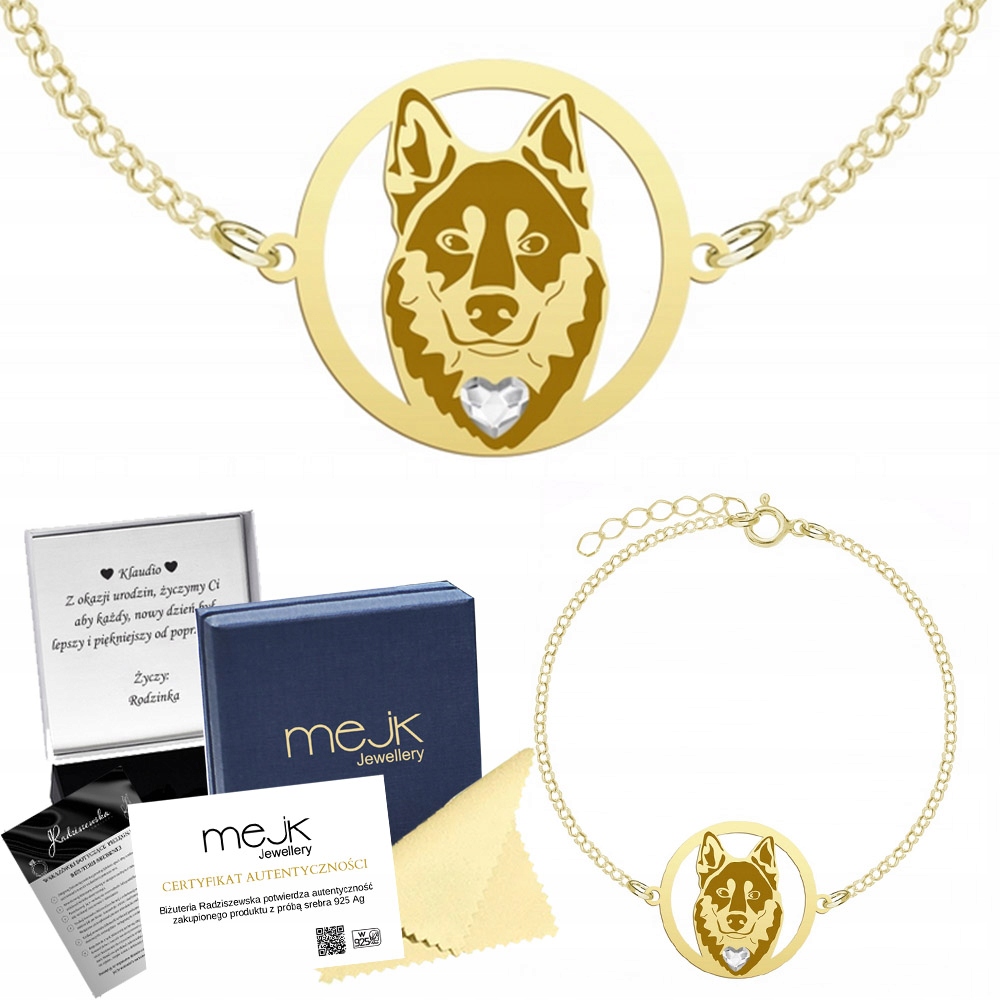 Zlatý náramek s laponským salašnickým psem 925 Dárek Žena Gravírování