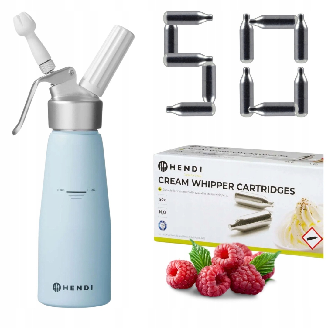 Modrý pastelový sifon na šlehačku 0,5 l 50 nábojů N2O Hendi 975862