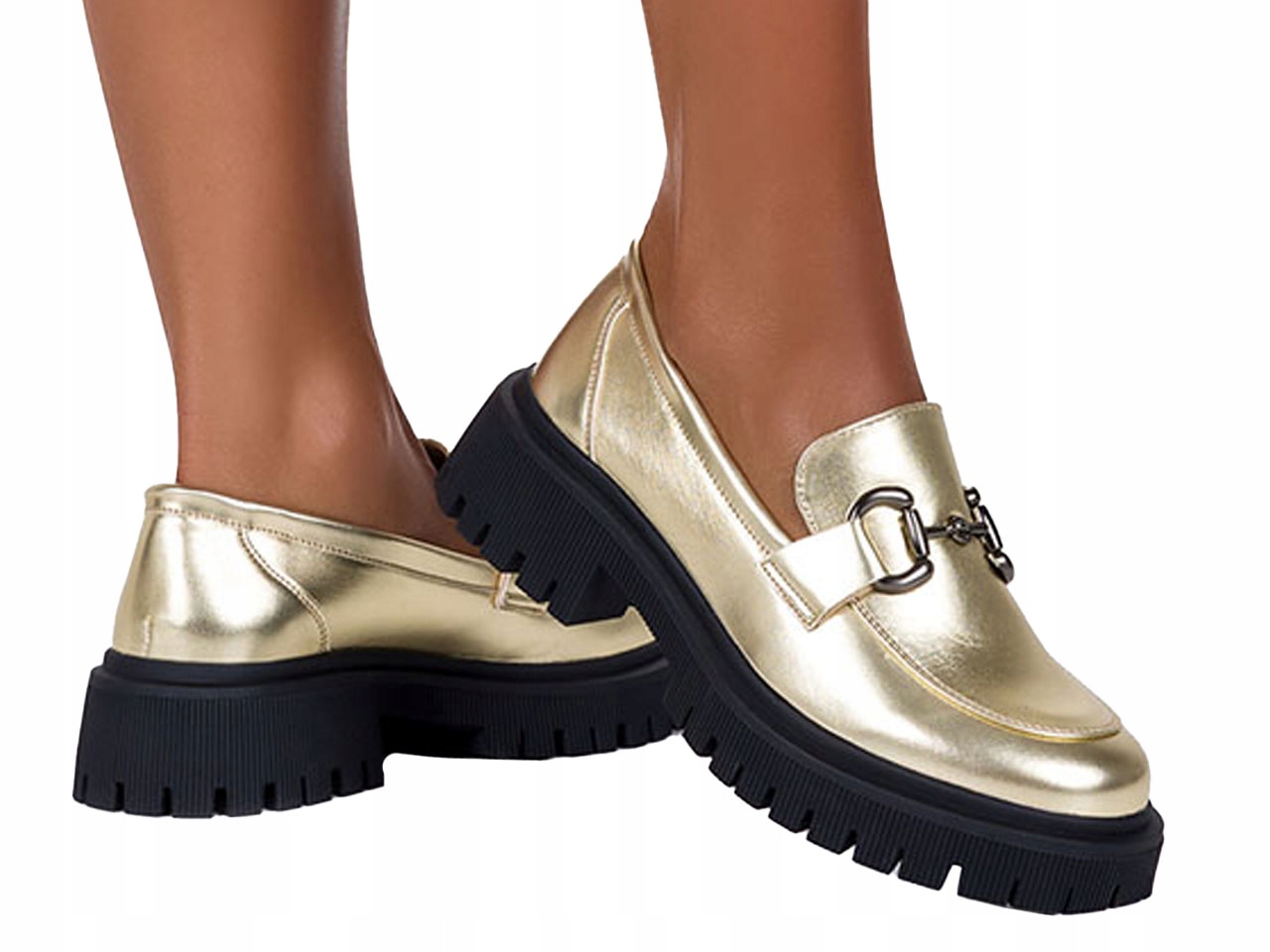 MOKASYNY PÓŁBUTY DAMSKIE BUTY MODNE NA PLATFORMIE ZŁOTE ZE SPRZĄCZKĄ NEW 38