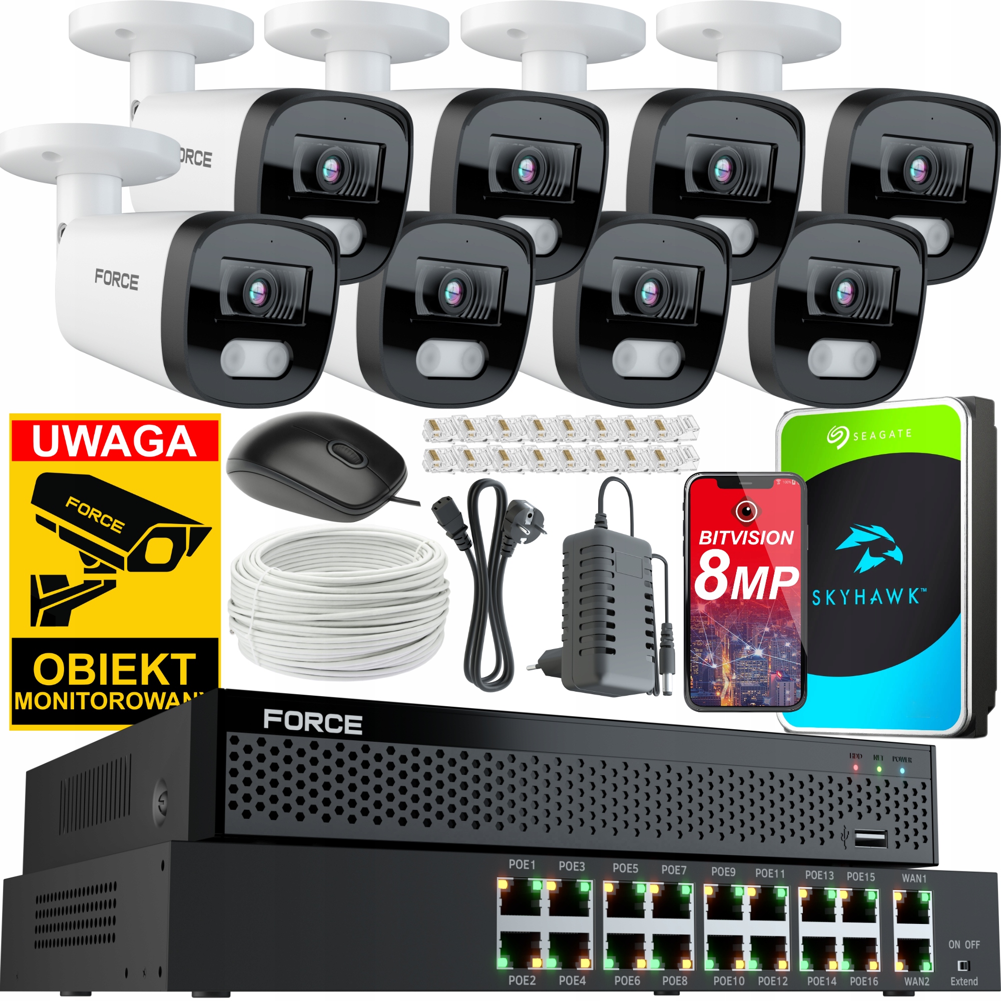 Force Monitorovací sada 8x Ip kamera 8MPx 4K, Disk 1TB Switch Poe 16CH