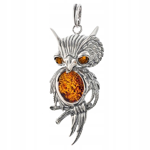 Stříbrný Přívěsek Sova pohyblivý s přírodním baltským Jantarem Stříbro 925