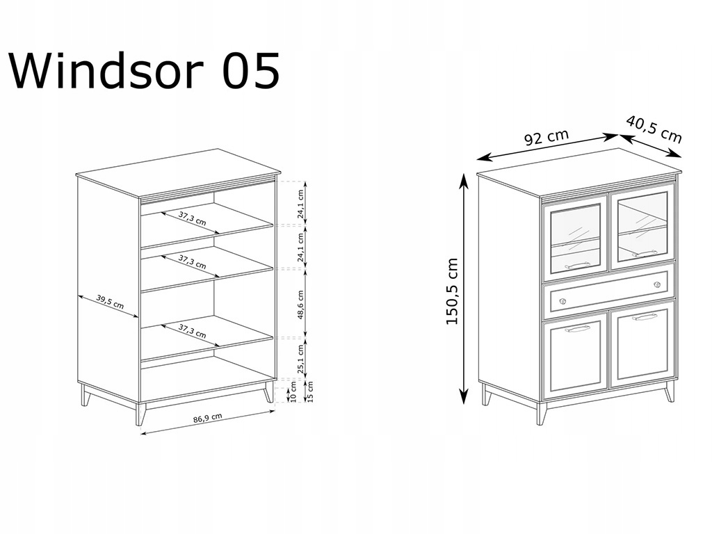 WINDSOR Witryna W-5 z szufladą i półkami kaszmir Szerokość mebla 92 cm
