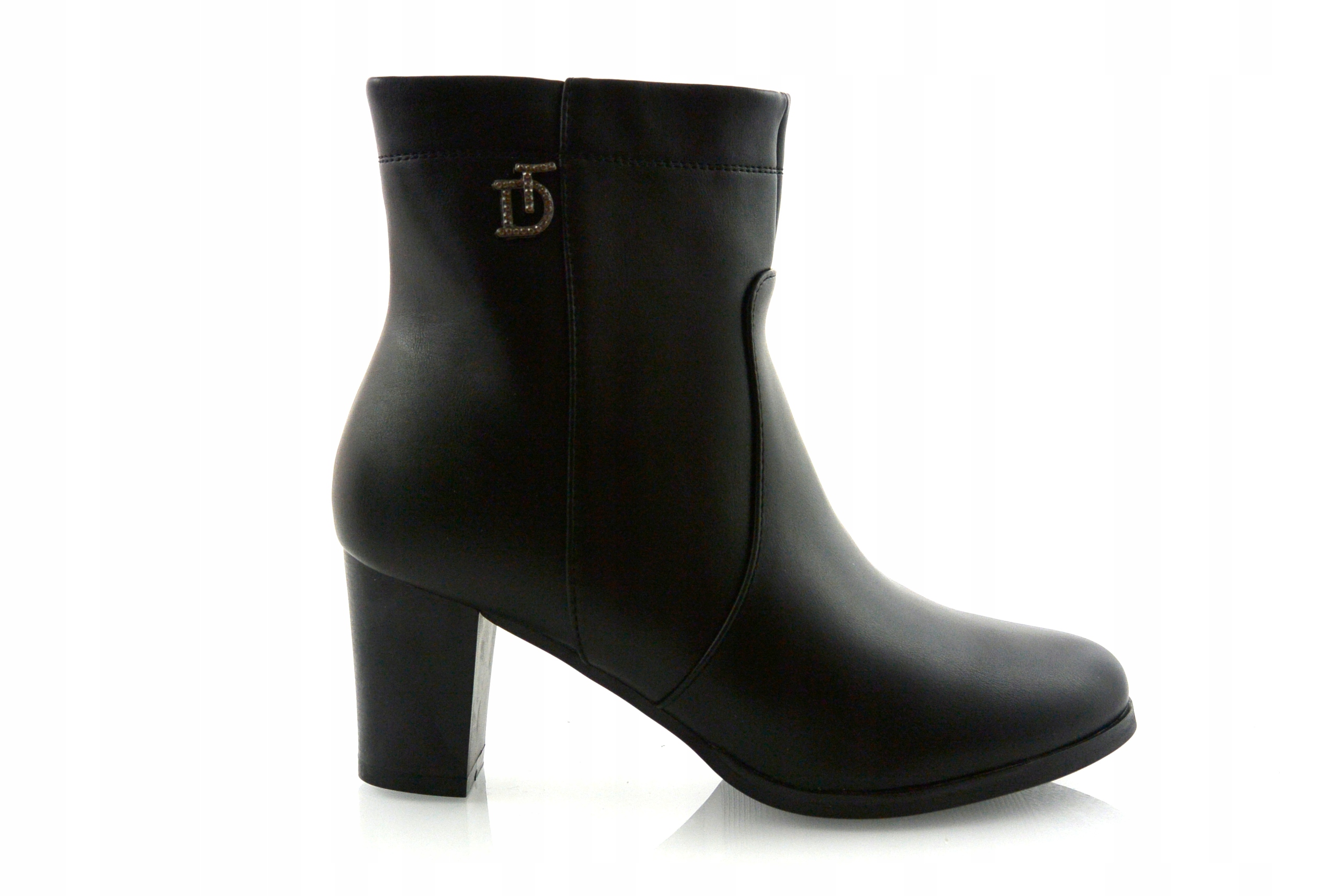 Elegantní Černé Prošívané Kotníkové Boty Na Podpatku, Sloupek, Eko Kůže, Velikost 39