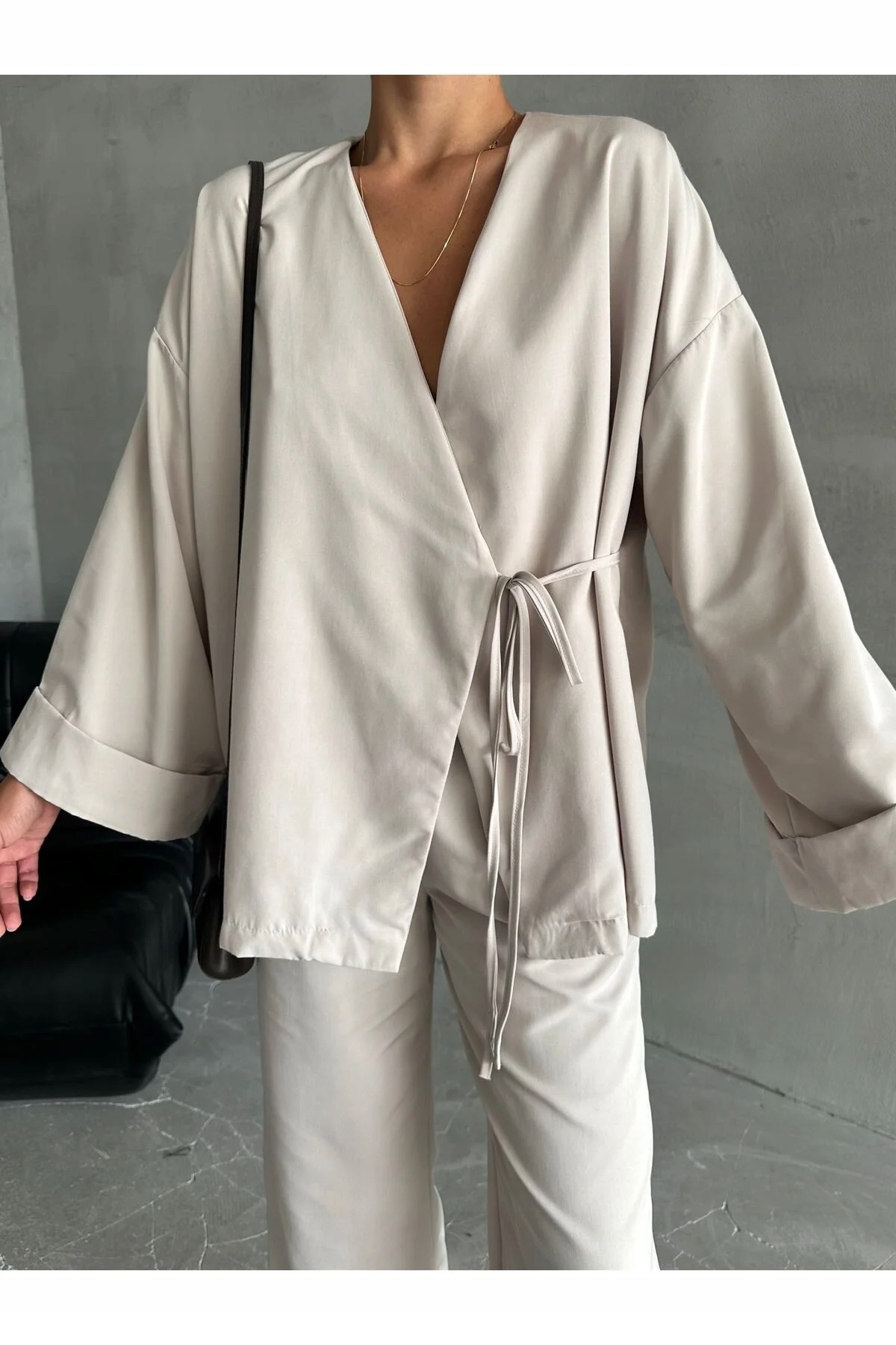 Dámský Béžový Volný Komplet Kimono S Vázáním M 5HA*
