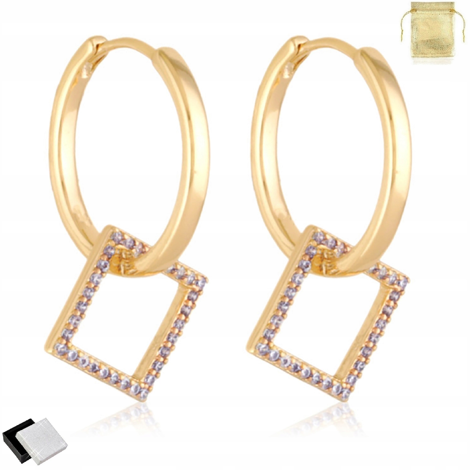 

Złote Wiszące Kolczyki Kwadraty Z Cyrkoniami 18K