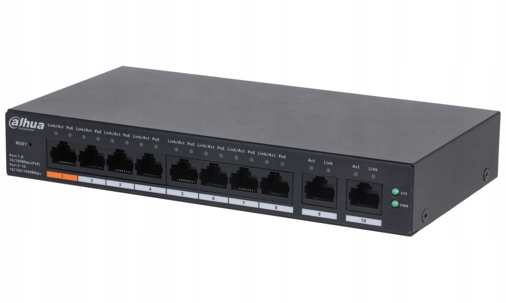 Dahua PoE switch 8x 100Mb 2x GbE, 1x PoE 60W Hi-PoE 7xPoE 802.3at, celk