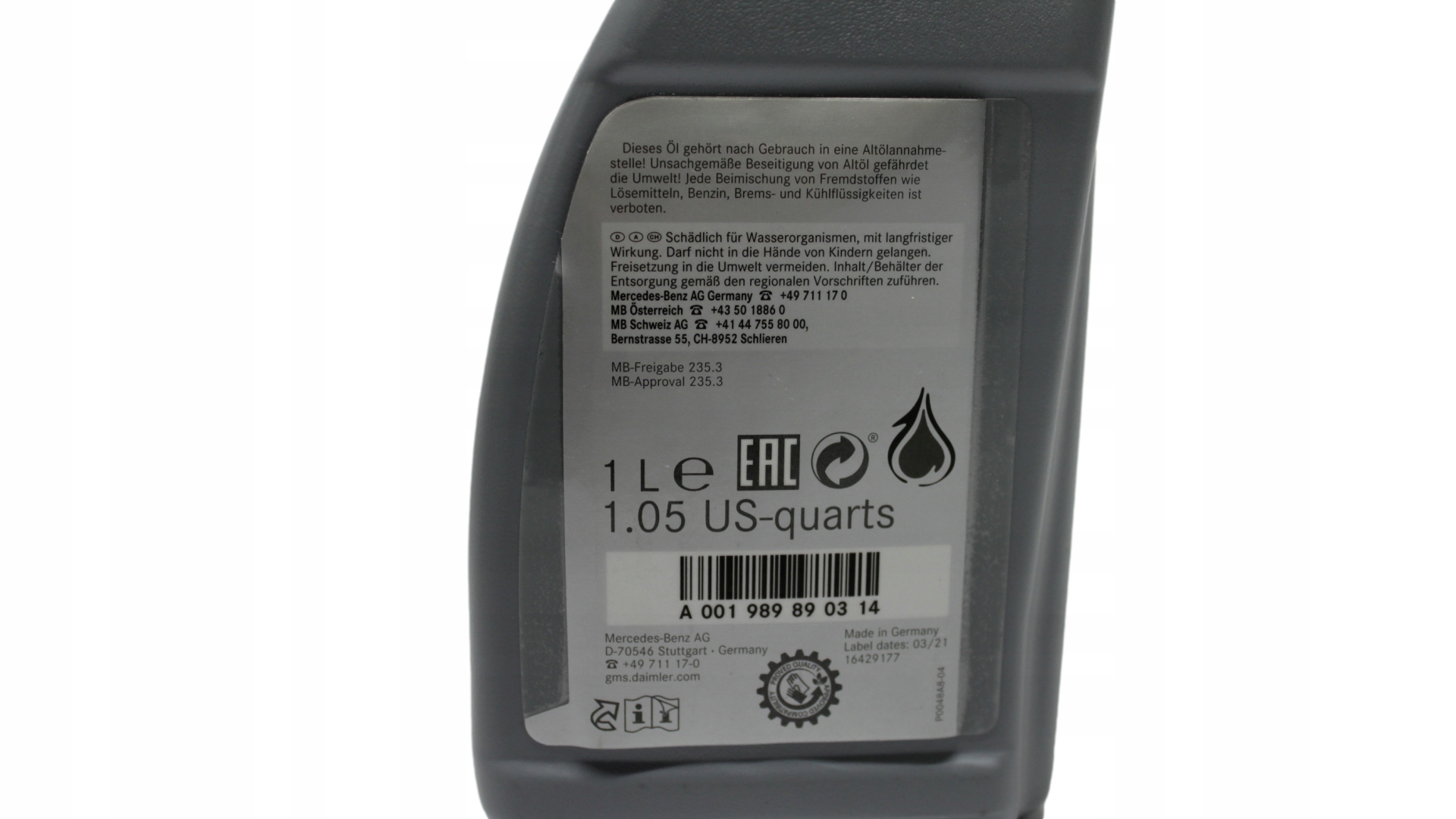 MERCEDES Olej przekladniowy 235.3 75W 1litr OE Pojemność opakowania 1000 l
