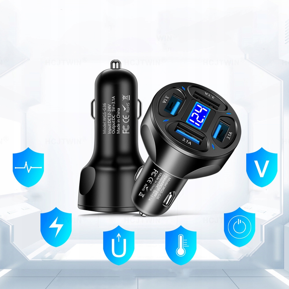 SZYBKA ŁADOWARKA SAMOCHODOWA 4xUSB QC Prąd wyjściowy 7000 mA