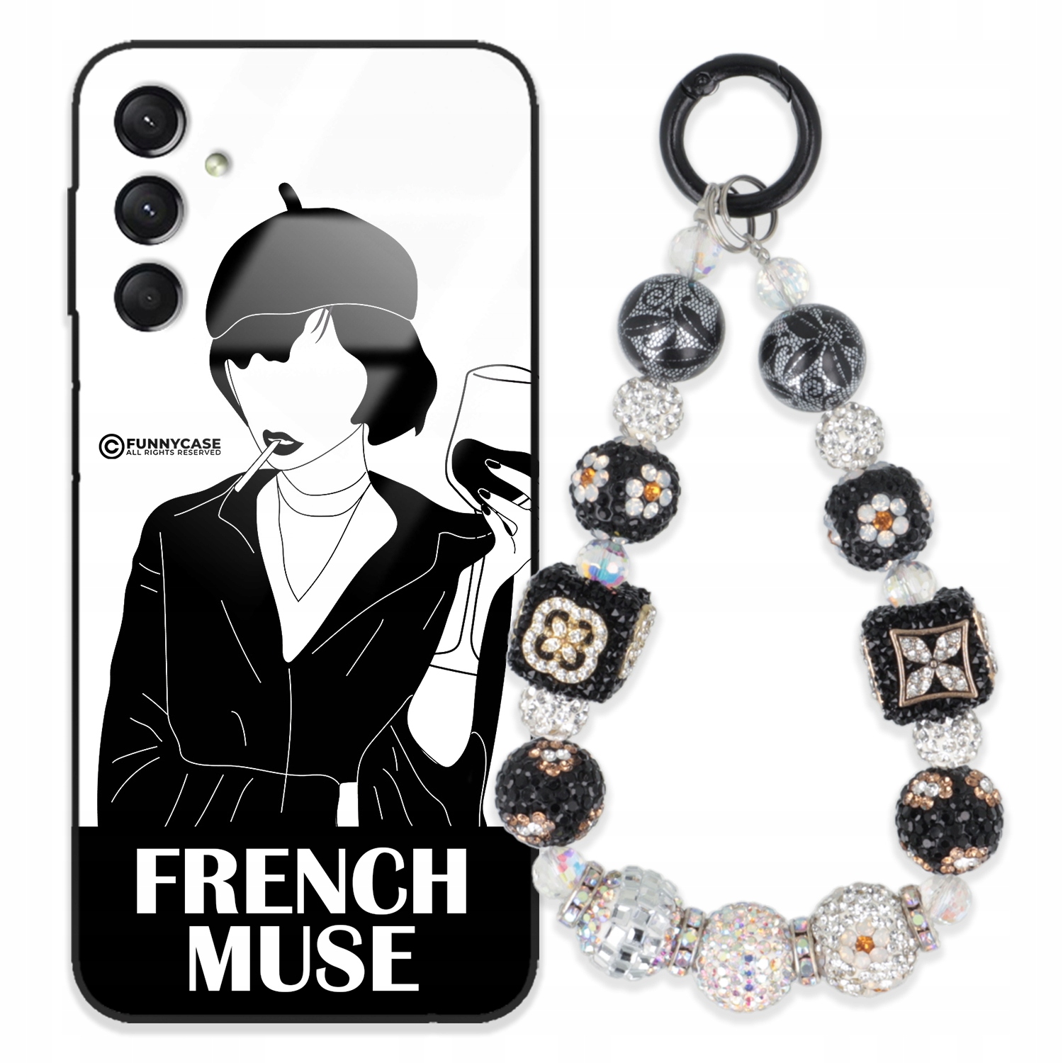 Puzdro Na Samsung A24 4G Sklo Ženské Black&white Kľúčenka Strieborné Zirkóny Wz