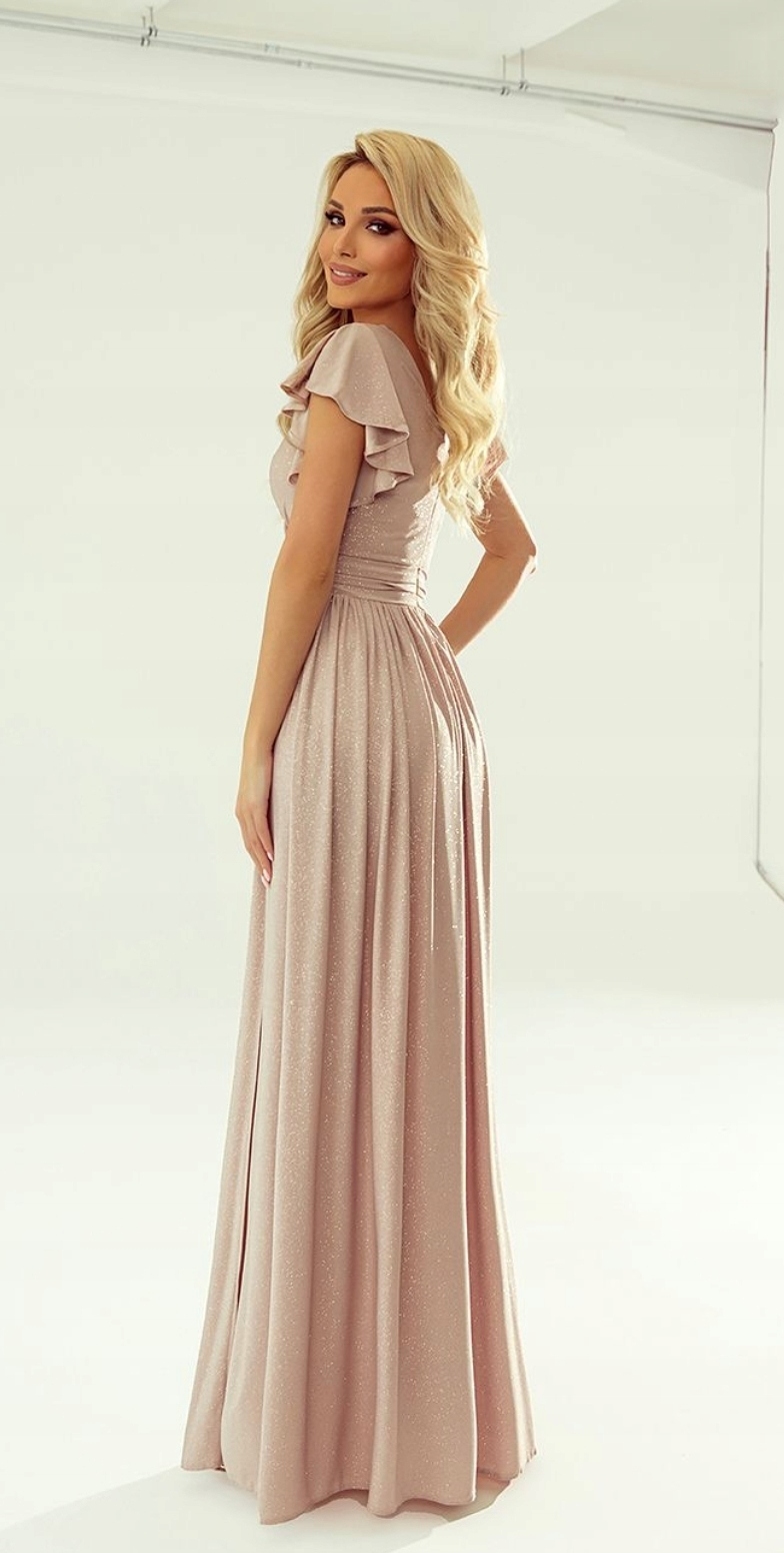 PIĘKNA WIECZOROWA SUKIENKA BROKATOWA Z MARSZCZENIAMI WESELE BEŻOWA r. 42 Marka inna