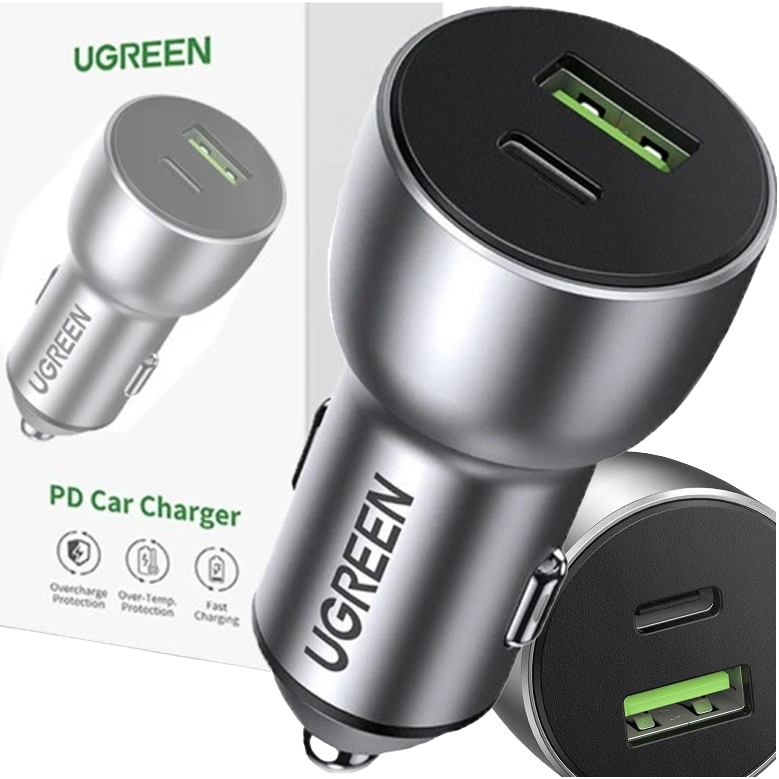 UGREEN SZYBKA ŁADOWARKA SAMOCHODOWA DO ZAPALNICZKI USB / USB C QC 3.0 PD