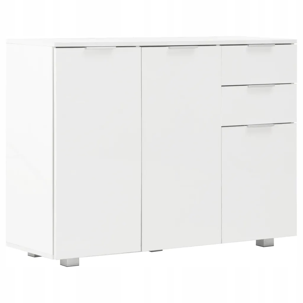 Elegantní komoda s bílým leskem 107 x 35 x 80,5 cm se 2 zásuvkami a 3 dveřmi