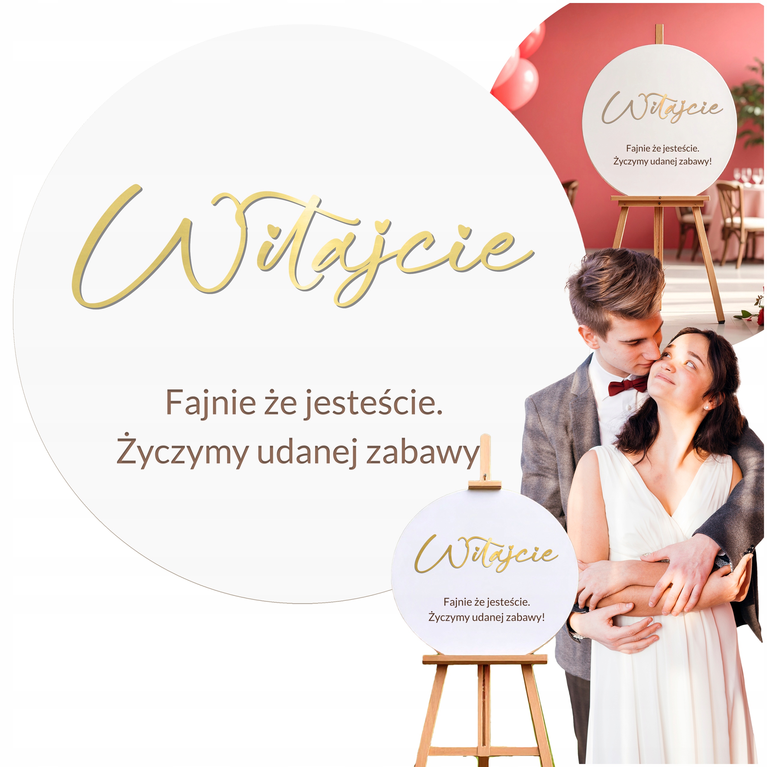 Uvítací tabule svatební hostina kulatá 50 cm zlatý nápis Svatební dekorace sálu