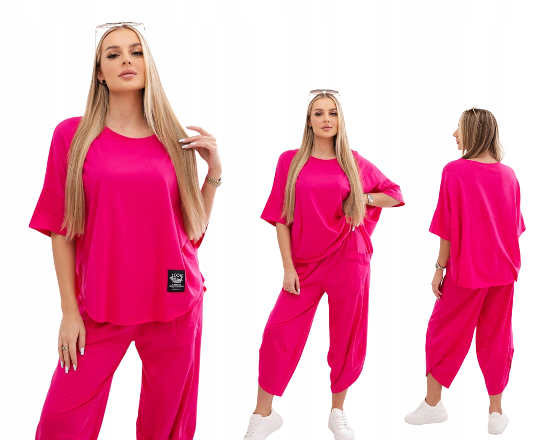 Fuchsiová bavlněná souprava pro ženy: oversize halenka a kalhoty