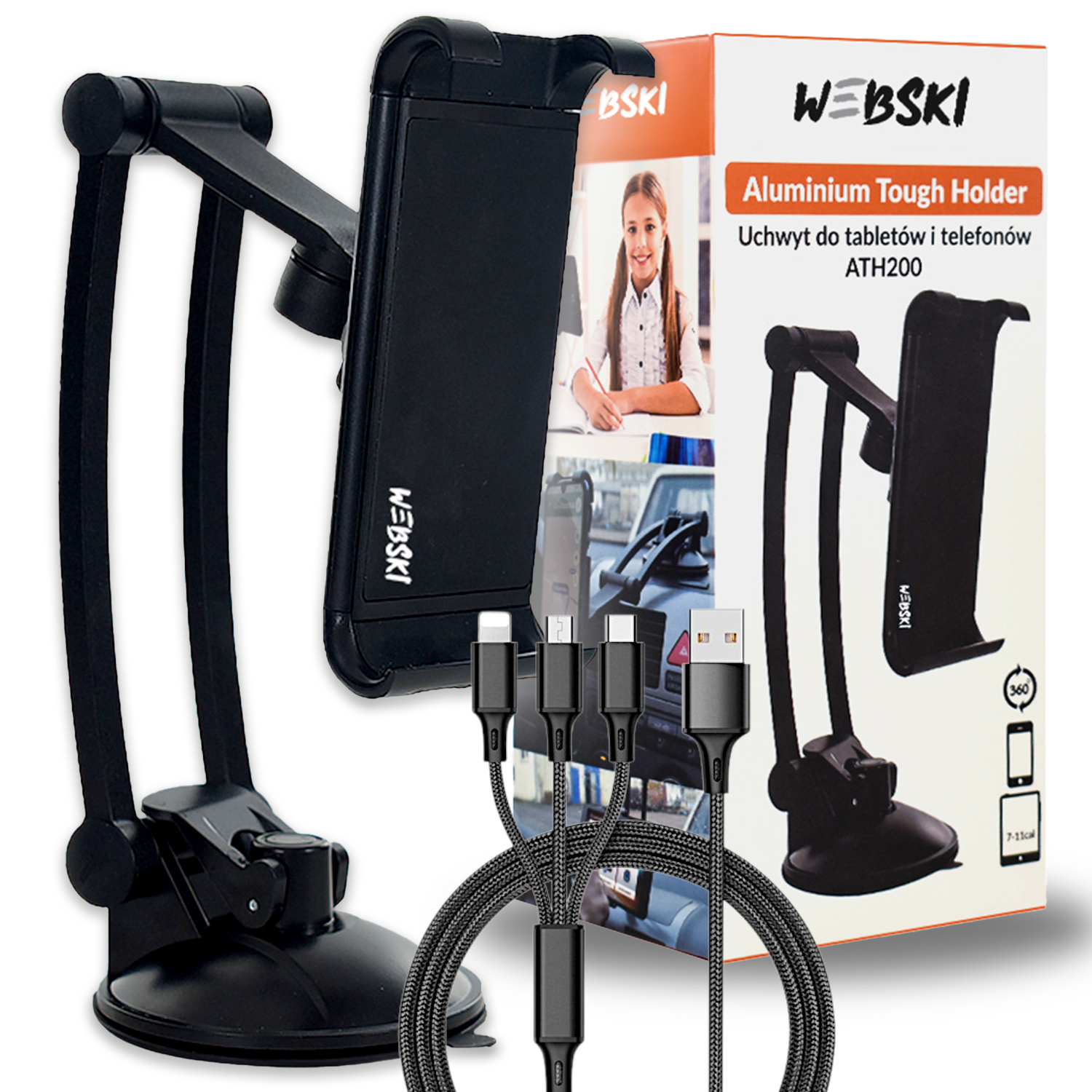 Mocny Metalowy Uchwyt Samochodowy na Telefon Smartfon Tablet +Kabel 3w1