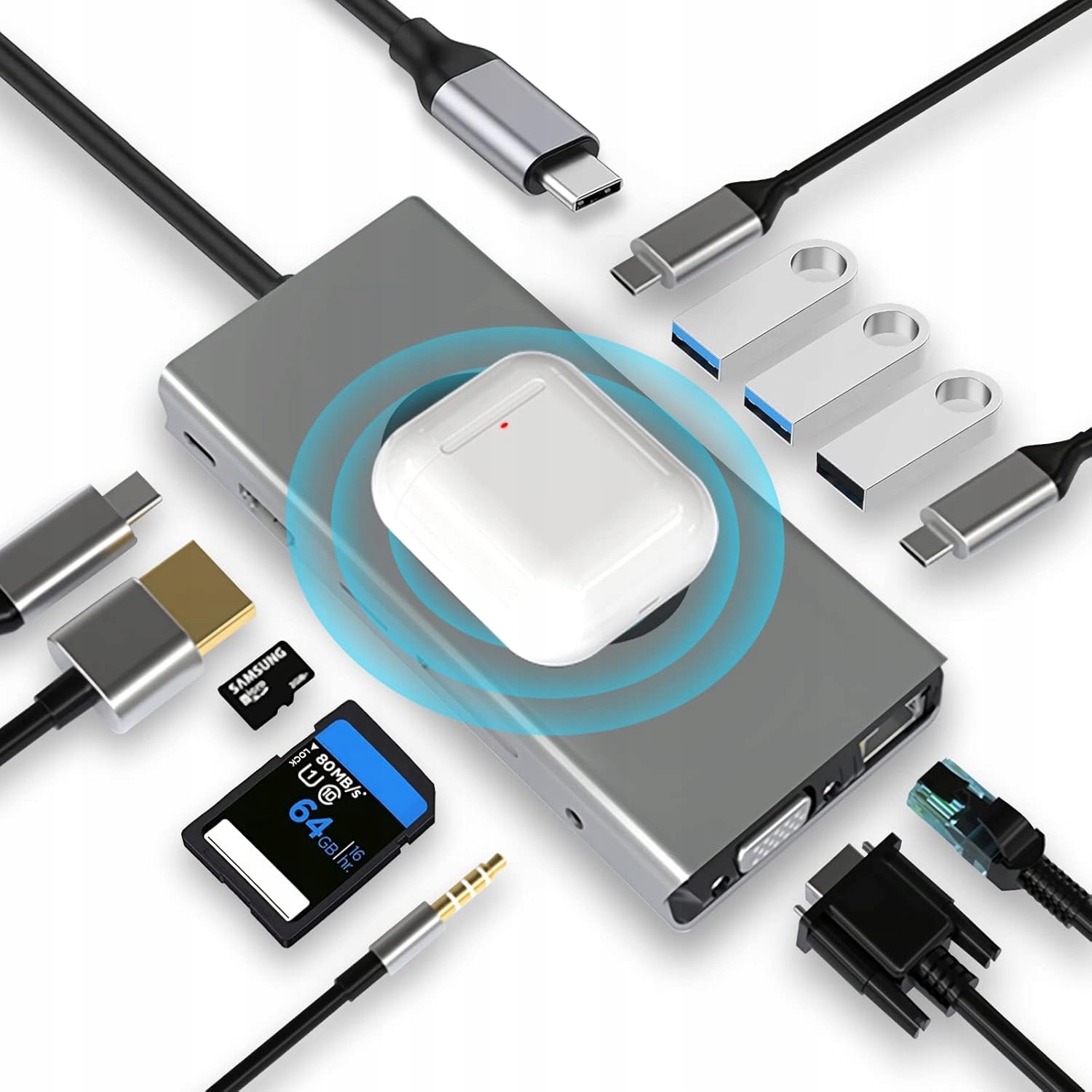 Hub Adaptér 13V1 Usb-c Typ Usb 3.0 Čtečka Sd Bezdrátové Nabíjení