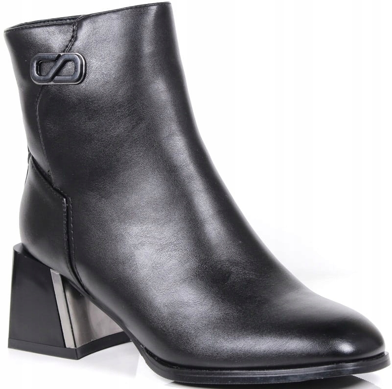 Dámské Kotníkové Boty Boty Na Ozdobném Pohodlném Podpatku, Černé, Lícované