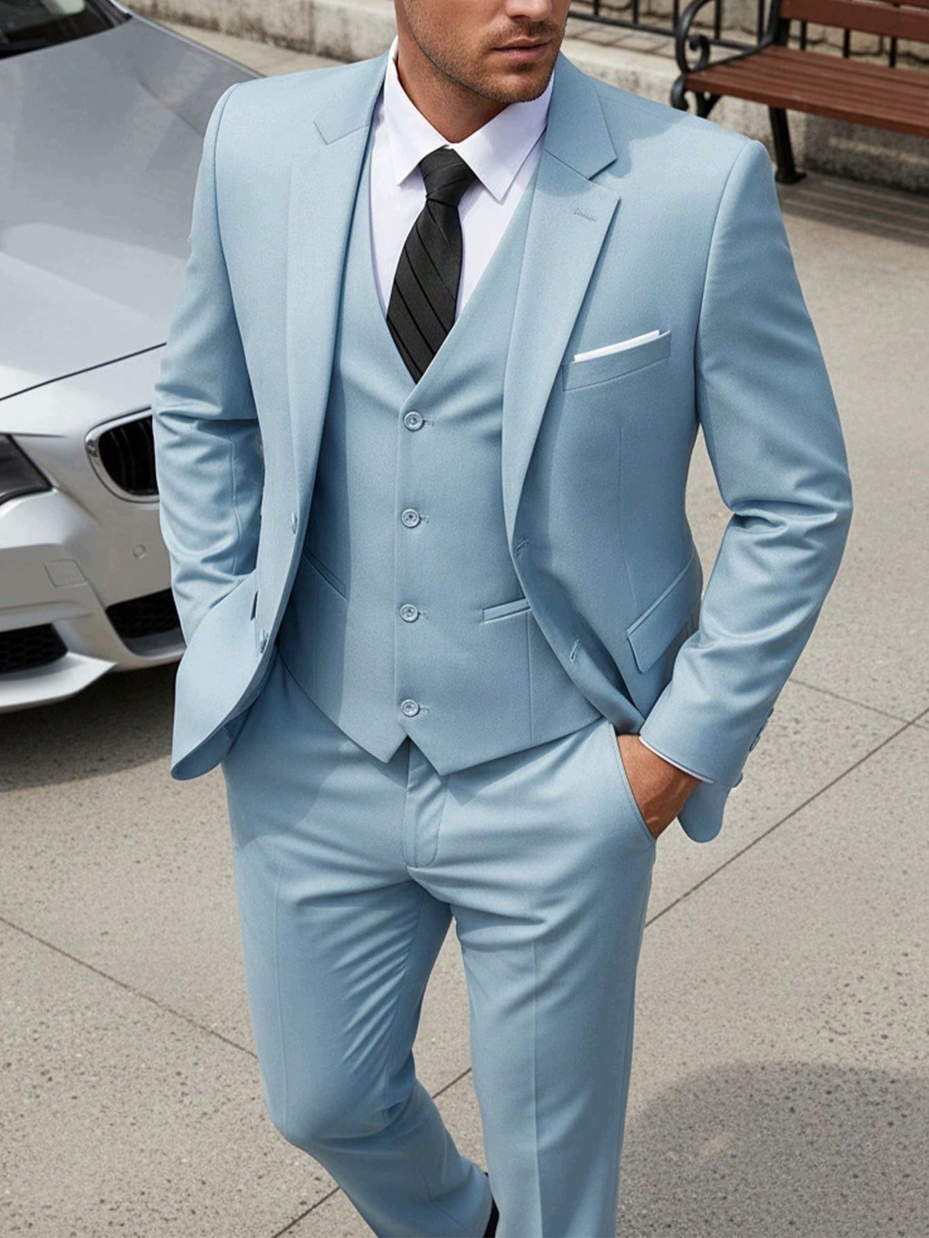 Shein Pánský Světle Modrý Elegantní Oblek S Vestou Xs 1MA