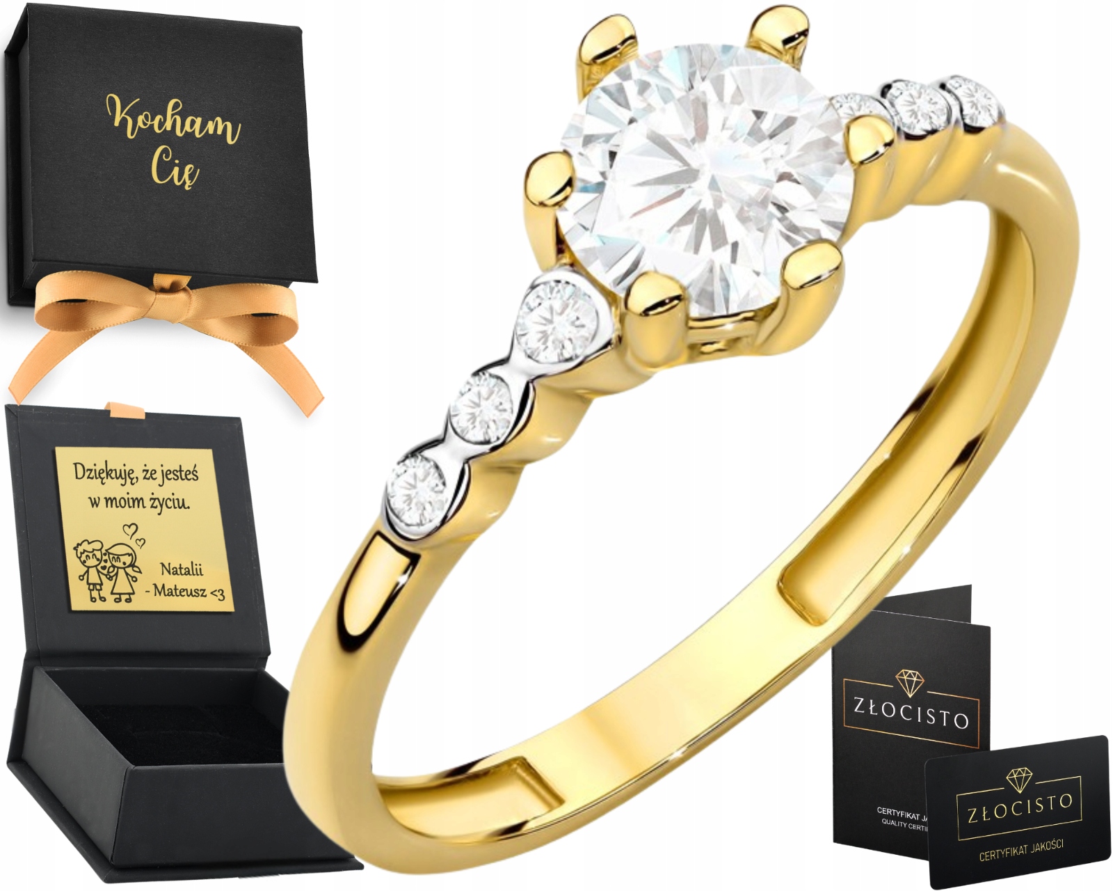 Zlatý Prstýnek s velkým Zirkon a několika menšími zlatem 585 14 K