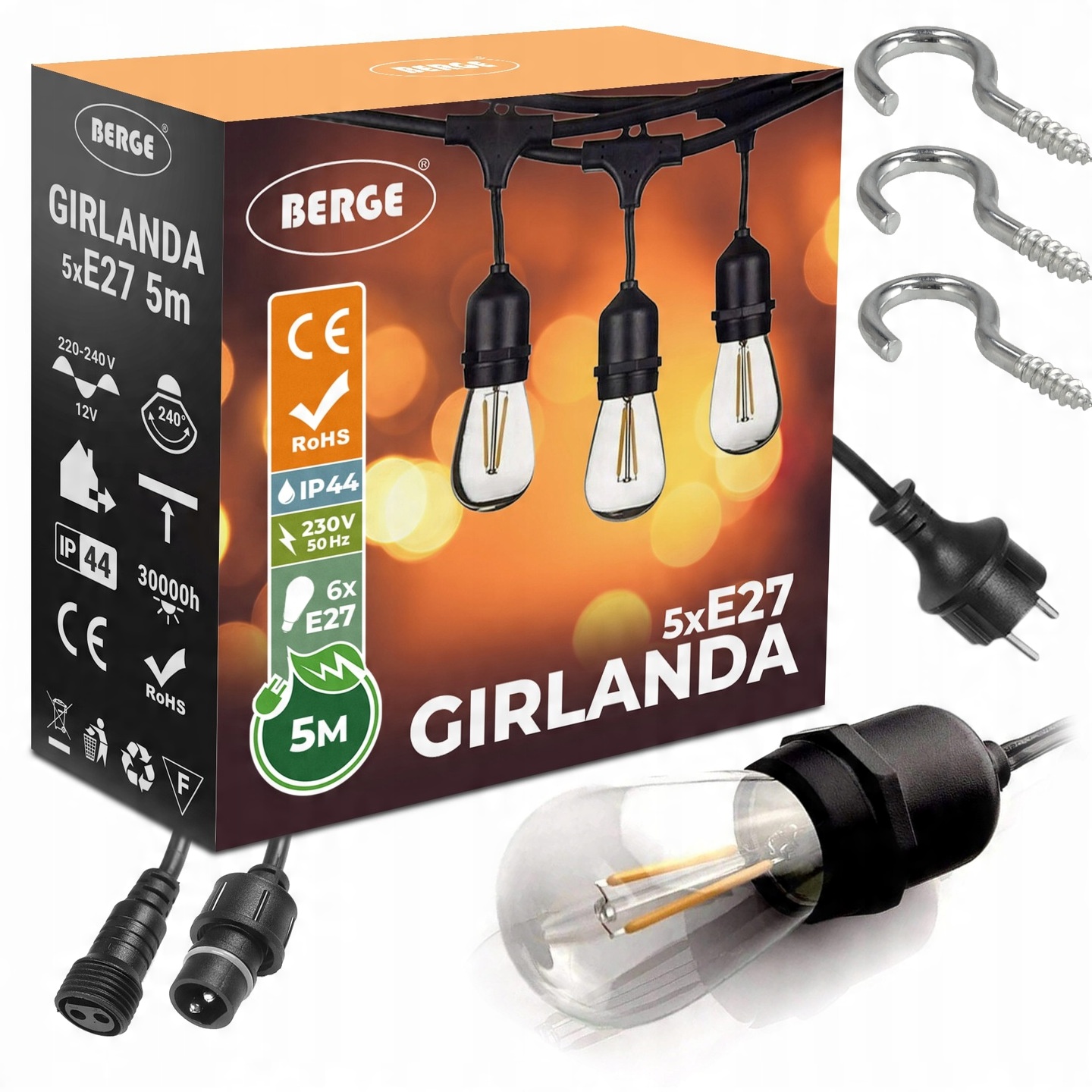 

Girlanda Świetlna Ogrodowa 5m 6x Żarówki Led 1W