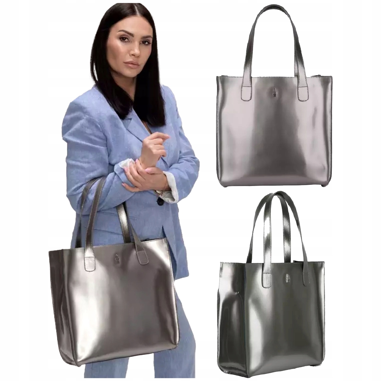 Wojewodzic Gilda stříbrná dámská shopper kabelka A4 lakovaná přírodní kůže