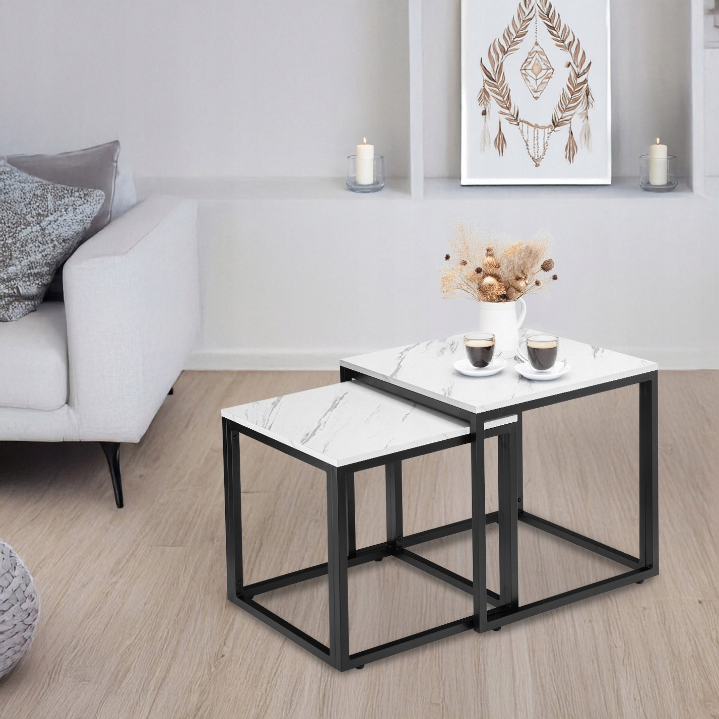 Konferenční Stolky Sada 2V1 Loftová Lavice Industriální Mramor Bílá Čtvercová