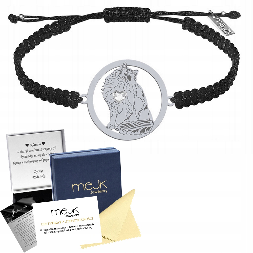 Stříbrný náramek s kočkou Ragdoll Cat 925 Makramé Dárek Narozeniny Gravírování