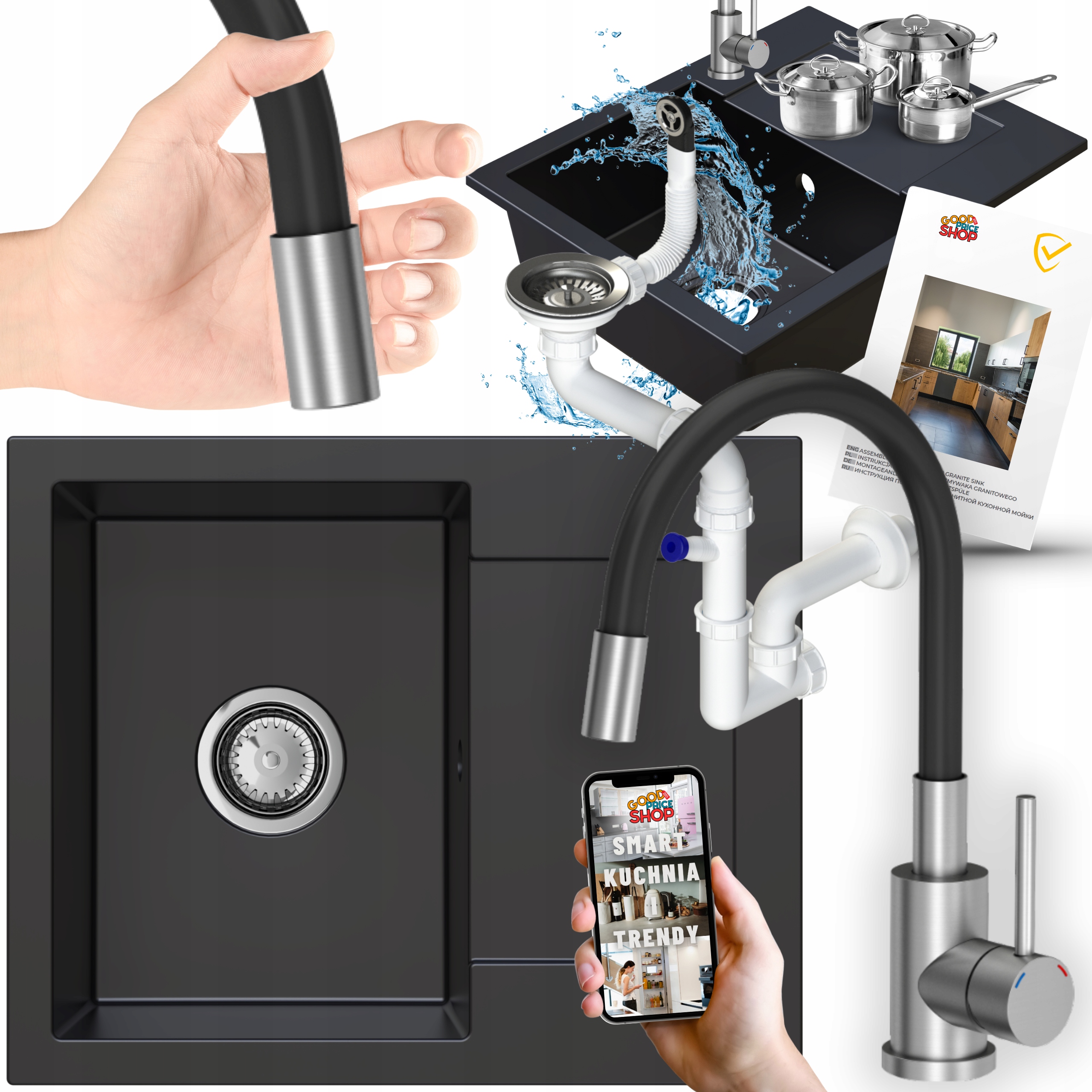 Granitový Dřez Jednokomorový Černý Krátký Odkapávač Baterie Sifon