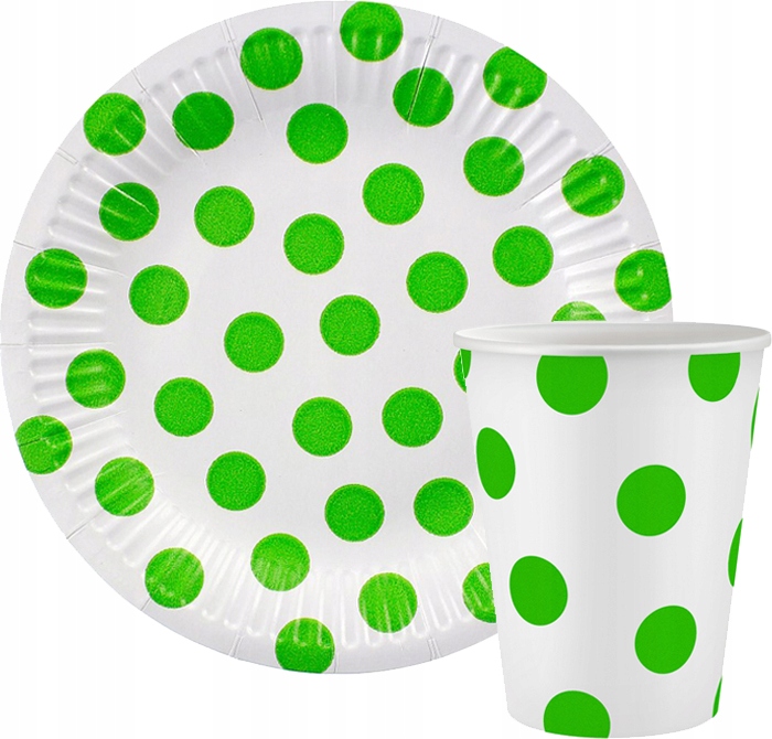 TALERZYKI KUBKI JEDNORAZOWE BIAŁE W ŻÓŁTE GROCHY GROSZKI NA URODZINY 12el.