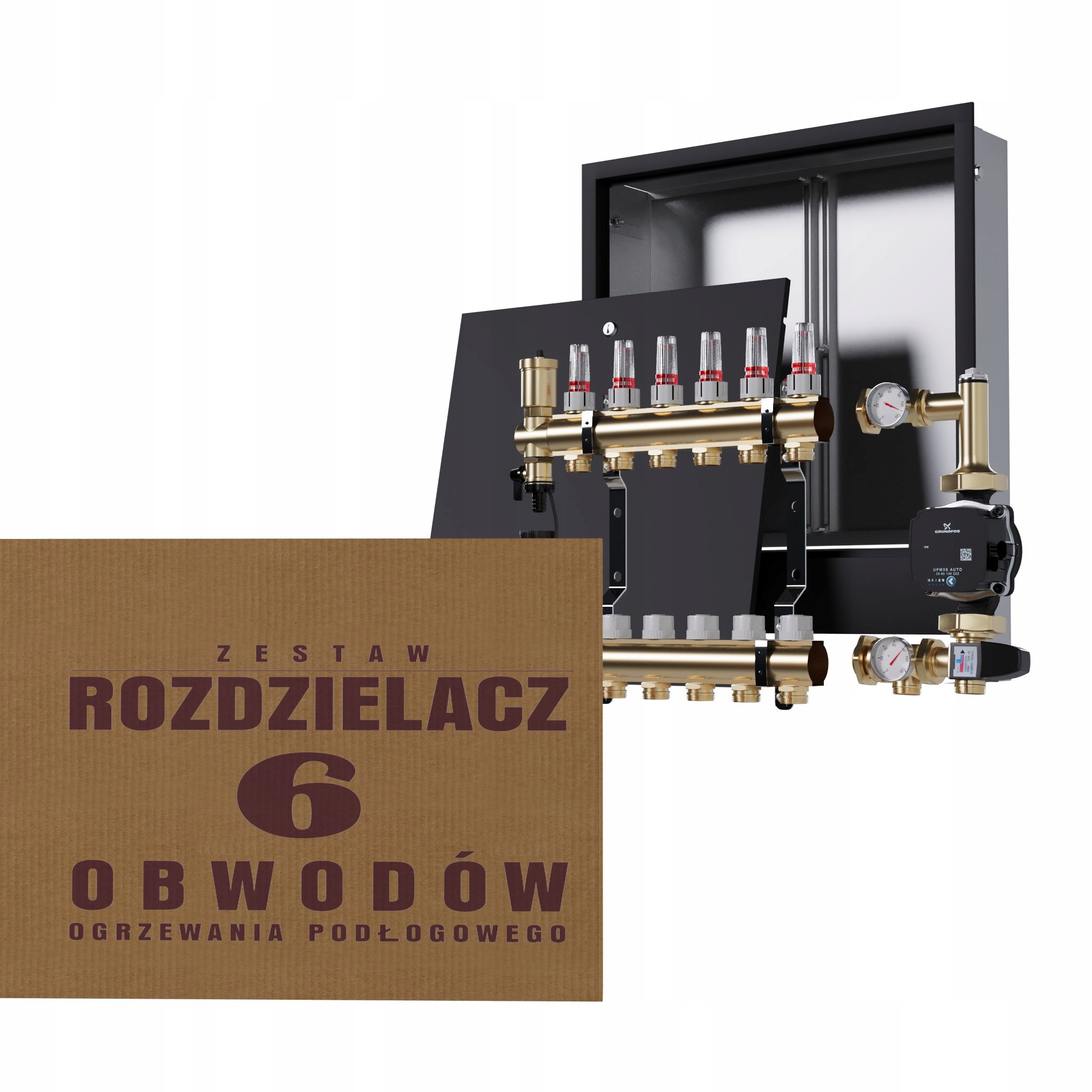 Rozdělovač pro podlahu 6 okruhů s Grundfos skupinou podomítkový černý