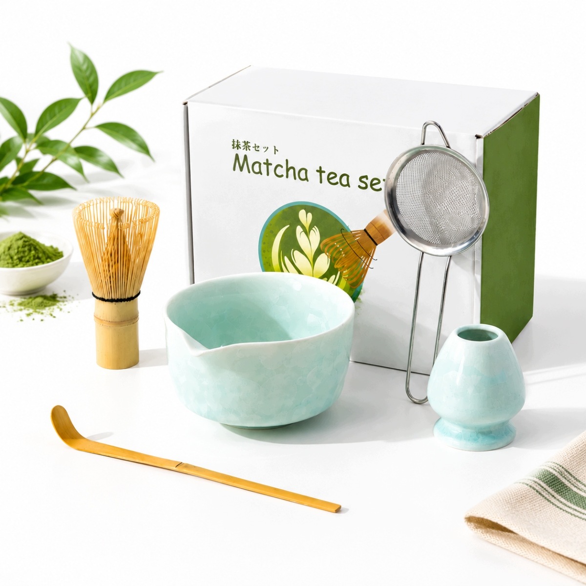 Japoński Zestaw Matcha 5W1 Miska Ceramiczna Chasen Bambus Łyżeczka Sitko
