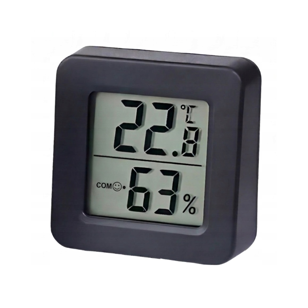 Digitálny teplomer čierny, vlhkomer, meteorologická stanica do domu