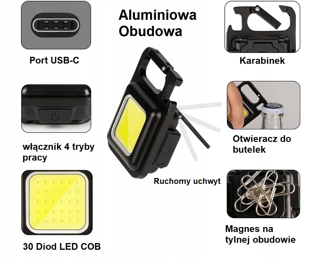 Lampa Metalowa Brelok USB-C 6W Mocna Wodoodporna Moc 6 W