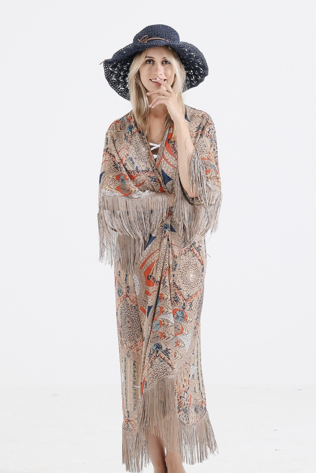 SZYFONOWA DŁUGA NARZUTKA Z FRĘDZLAMI PAREO BOHO Marka bez marki