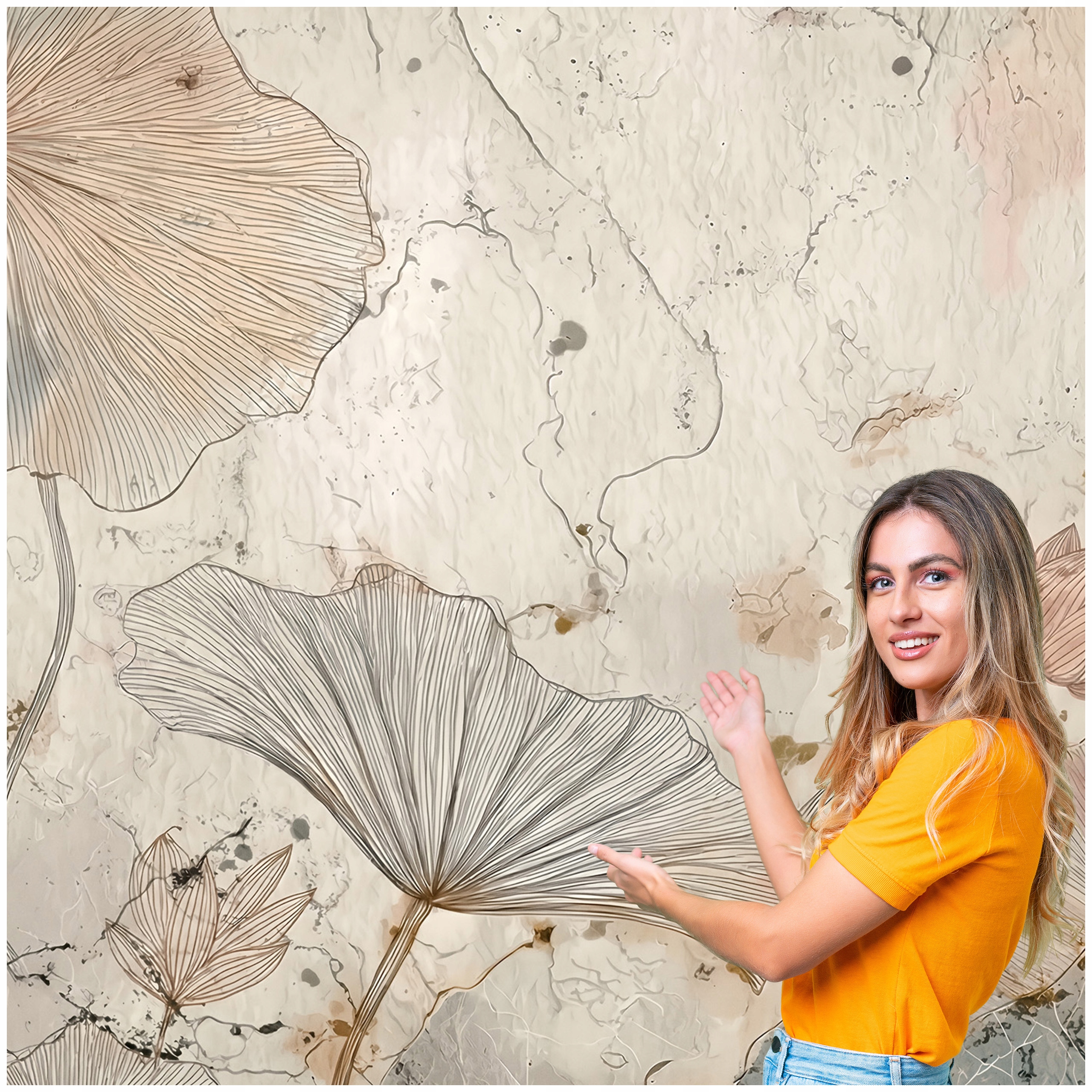 Fototapeta 3D Salon Spálňa Boho Tráva Listy Betón Loft 294x260 BKLB07F