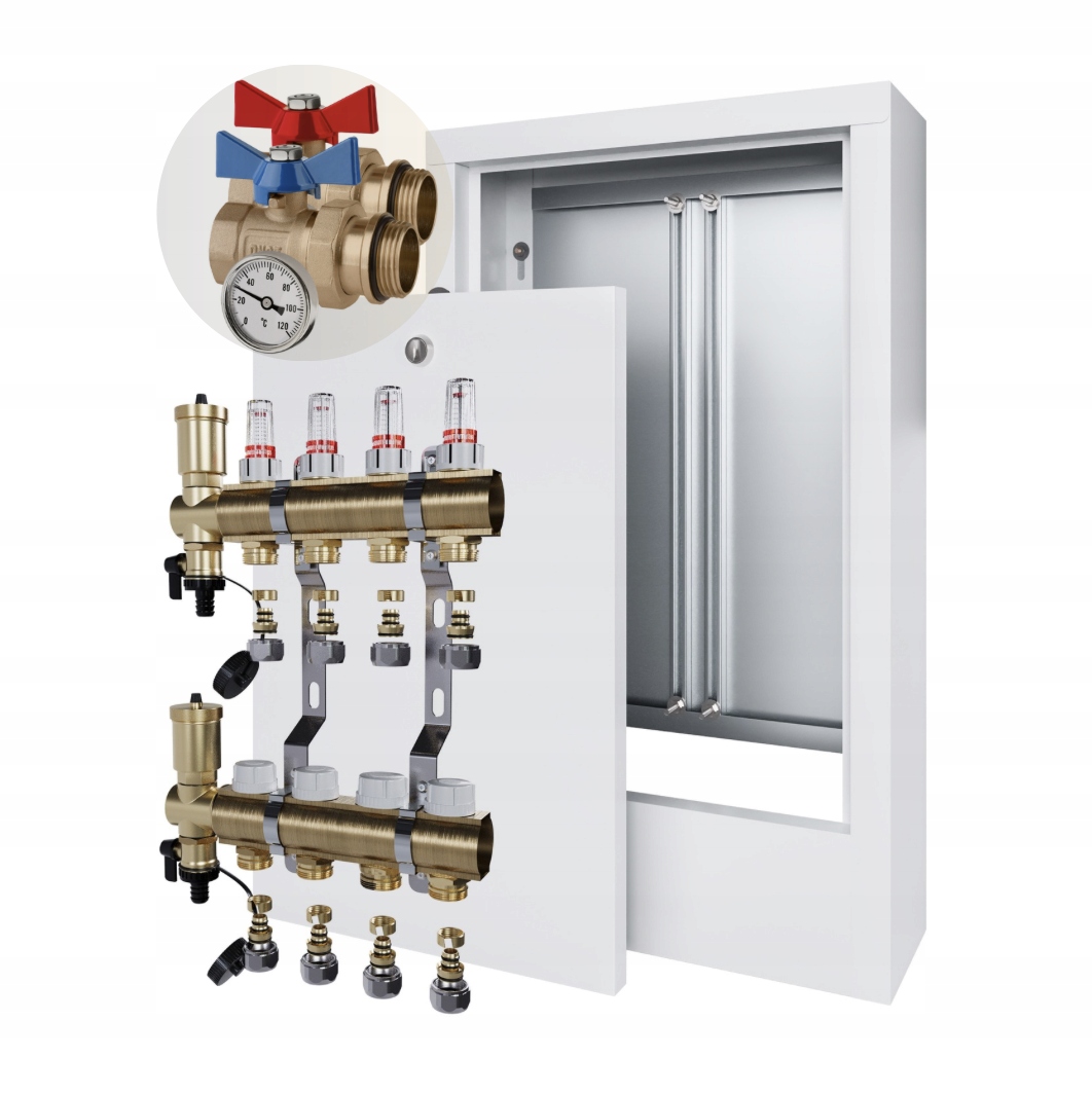 Rozdělovač podlahového vytápění 4 nástěnná skříňka+PEX+KULOVÝ Ventil Jednoduchý
