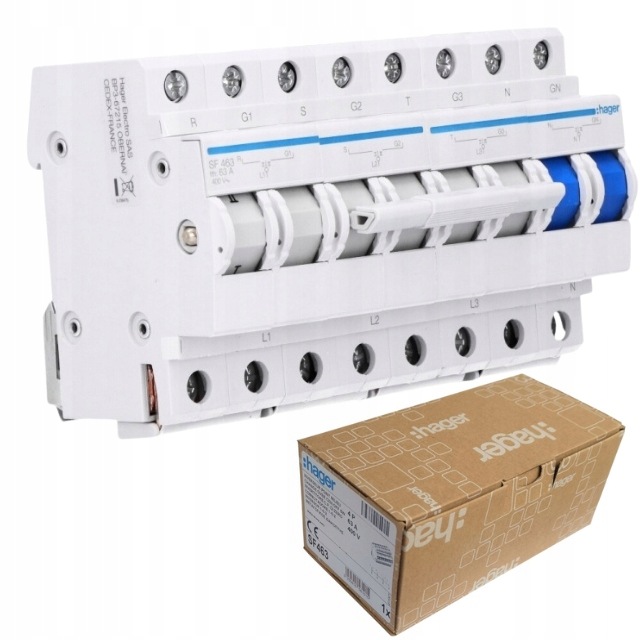 Modulární přepínač síť-agregát Hager 3P+N I-0-II 63A 400VAC SF463
