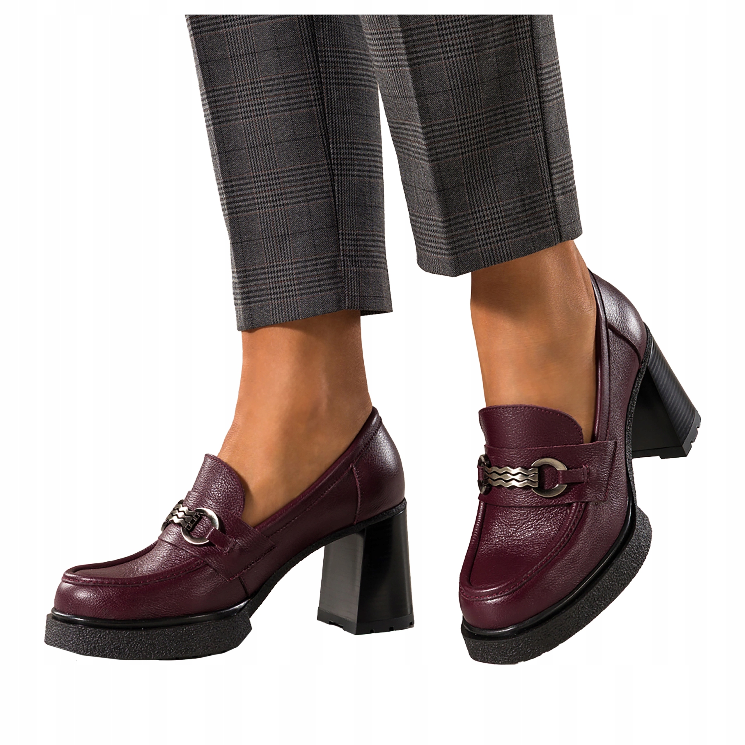 Bordové Mokasíny Dámské Kožené Pohodlné S Sponou Obcas Klocek r 37