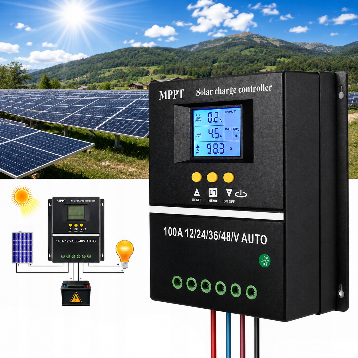 Regulátor nabíjení Mppt 4000W 100A 12V/24V/36V/48V LCD