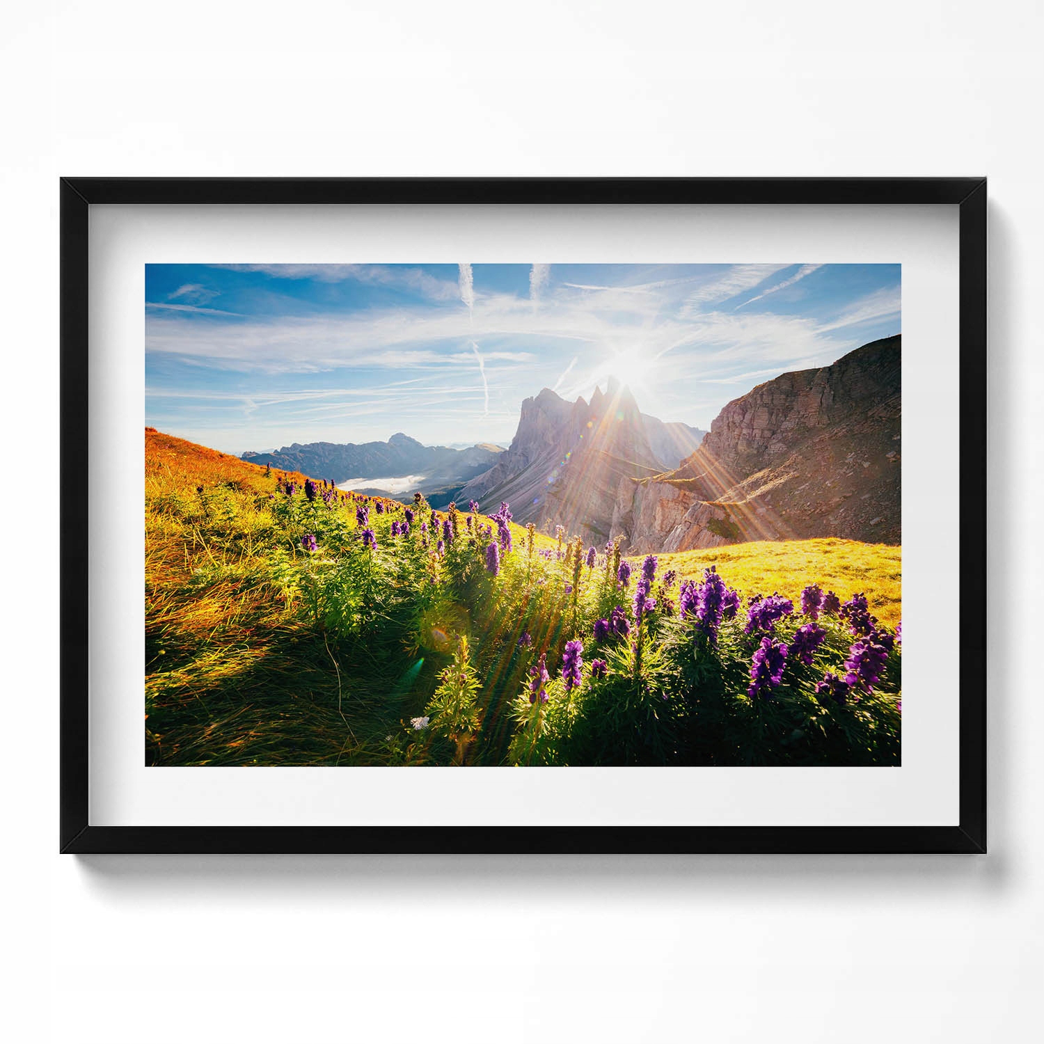 Dekorativní nástěnný obraz v černém rámu do obývacího pokoje Krajina Dolomity 70x50 cm
