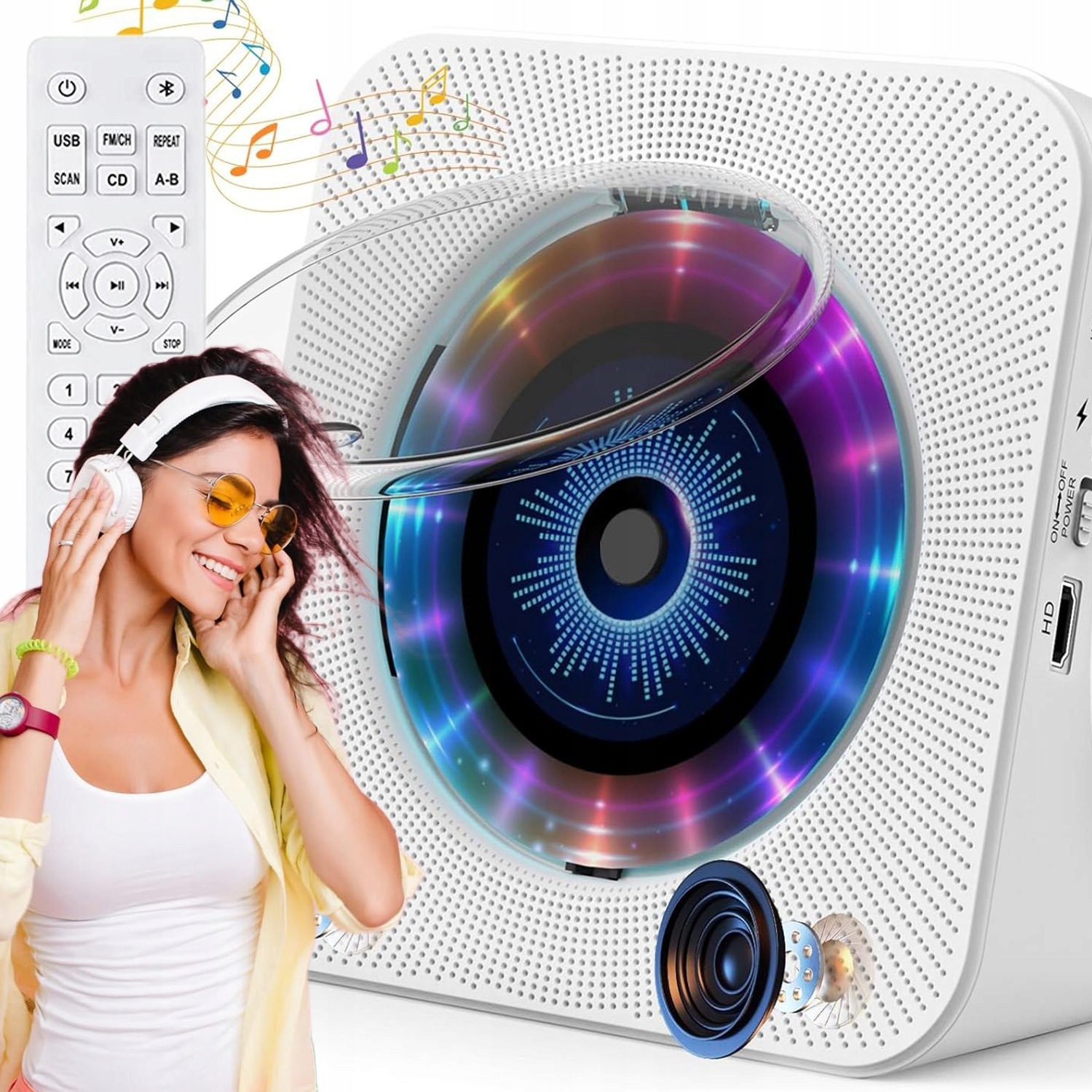 Přenosný Radiopřehrávač CD Reproduktor Bluetooth Aux Usb Fm Bílý MP3