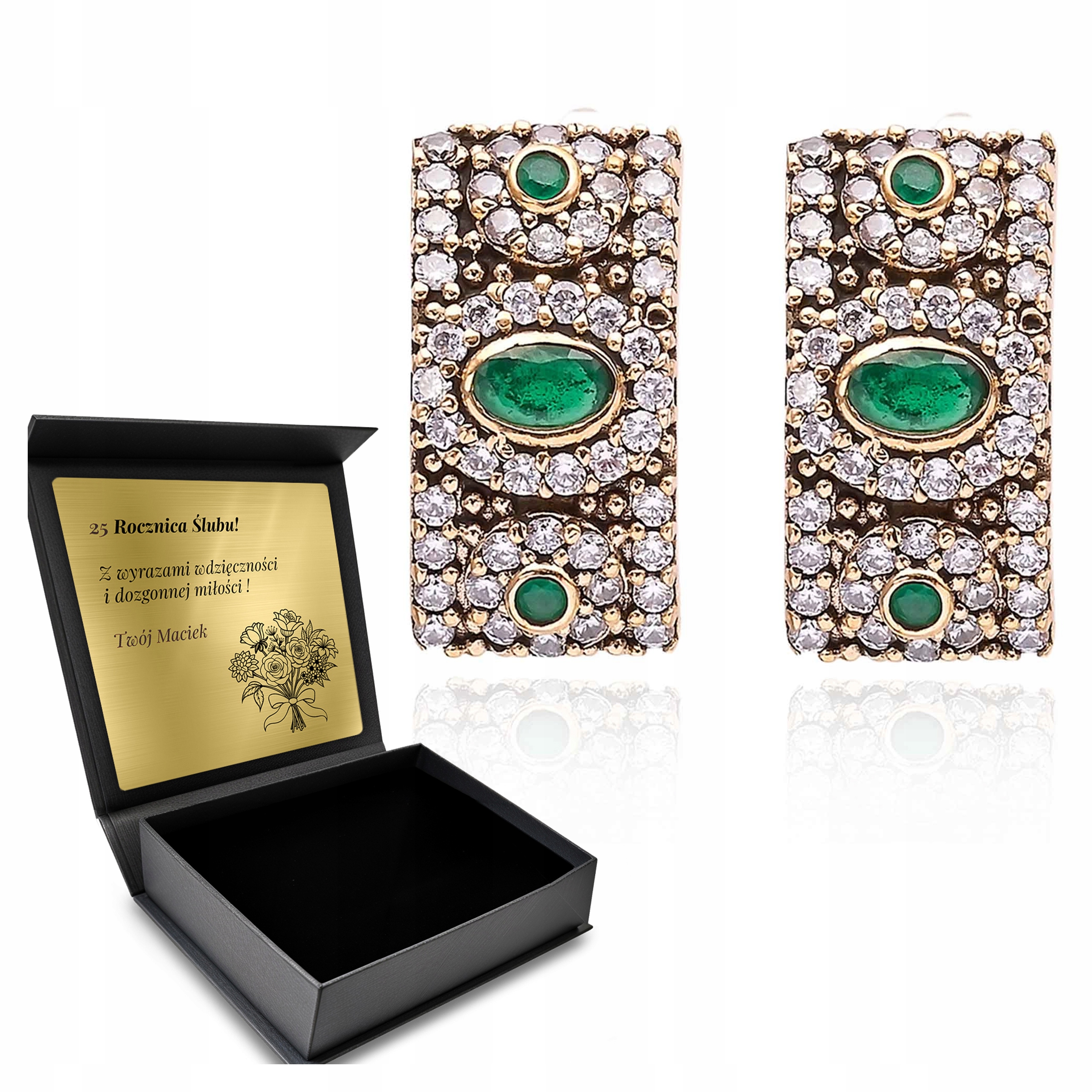 Náušnice Stříbro 925 Se Smaragdy A Zirkony, Jemné, Křehké Gravírování