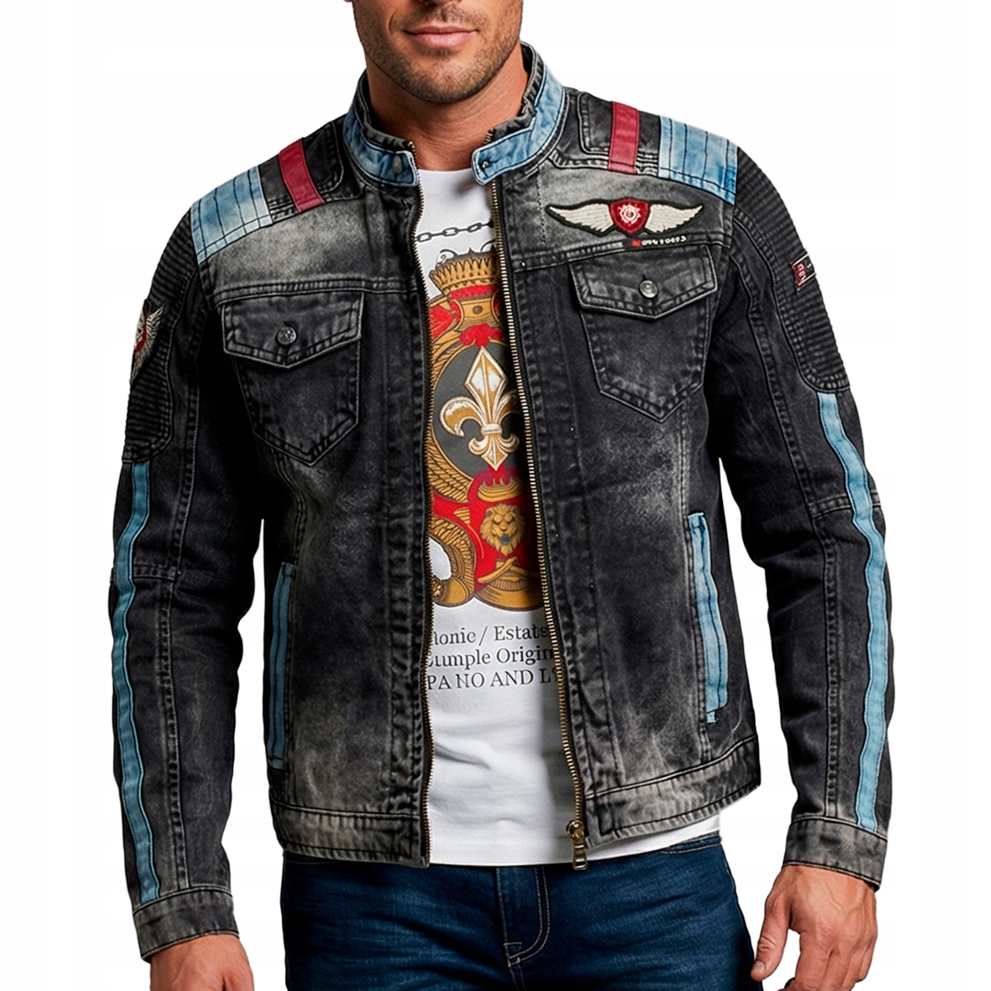 Kurtka Jeansowa Katana Cipo Baxx Naszywki Przecierana Motor Style Stójka