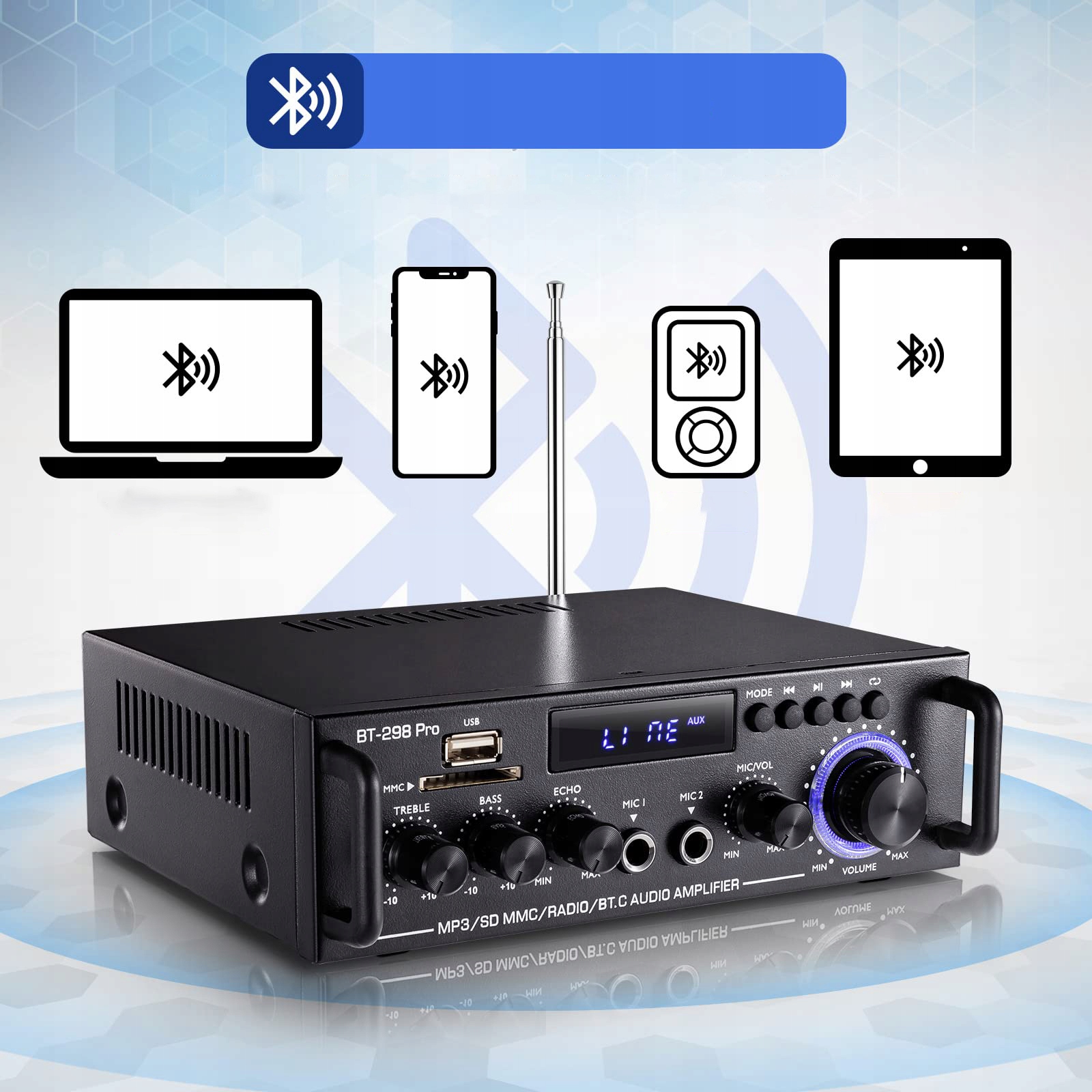 WZMACNIACZ STEREO HIFI KANAŁ 2.0 BLUETOOTH 5.0 Z ANTENĄ Z RADIO FM 50W Szerokość produktu 16 cm